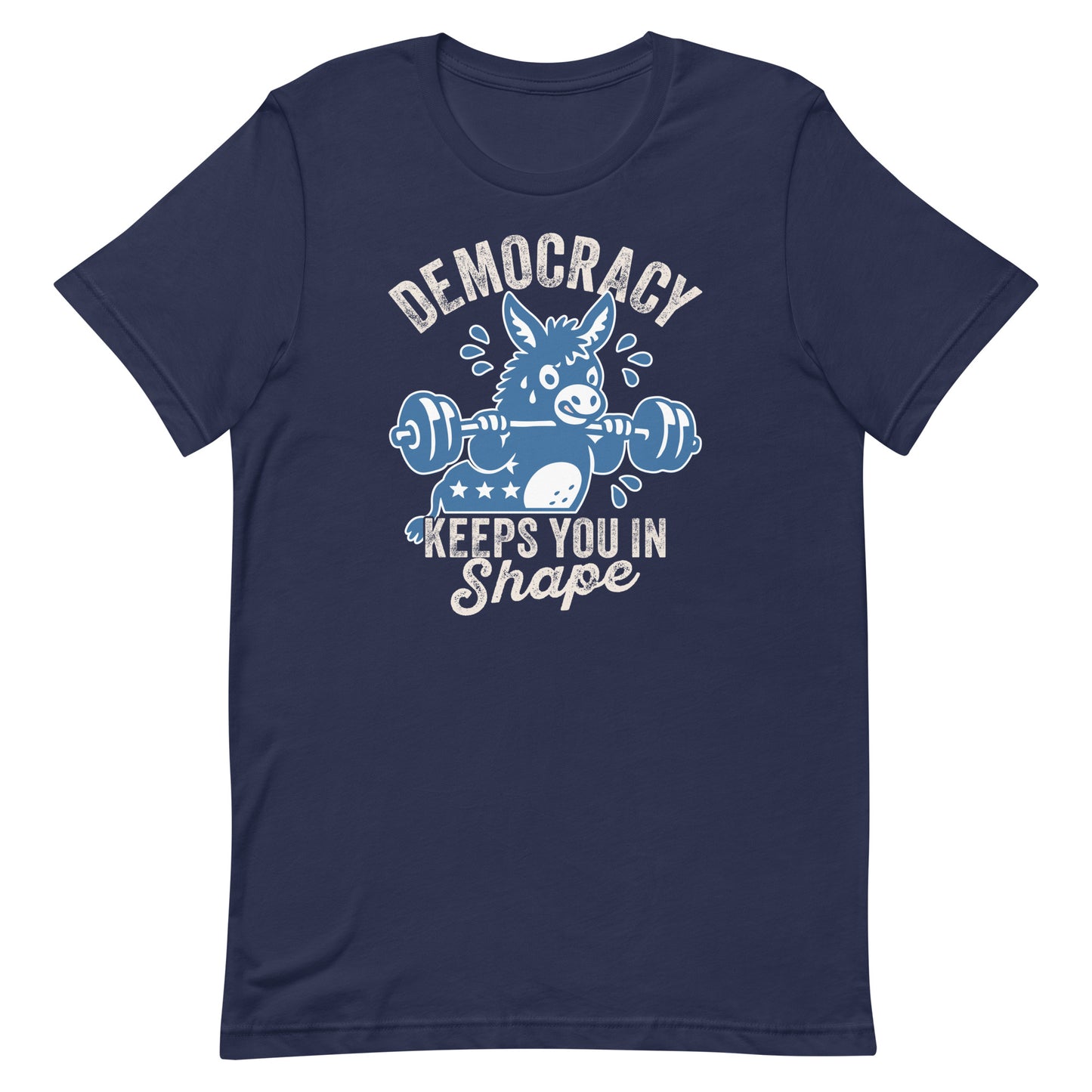Navy unisex T-shirt featuring a blue donkey lifting weights with democracy-inspired wording, playful political humor design with vintage gym influence.