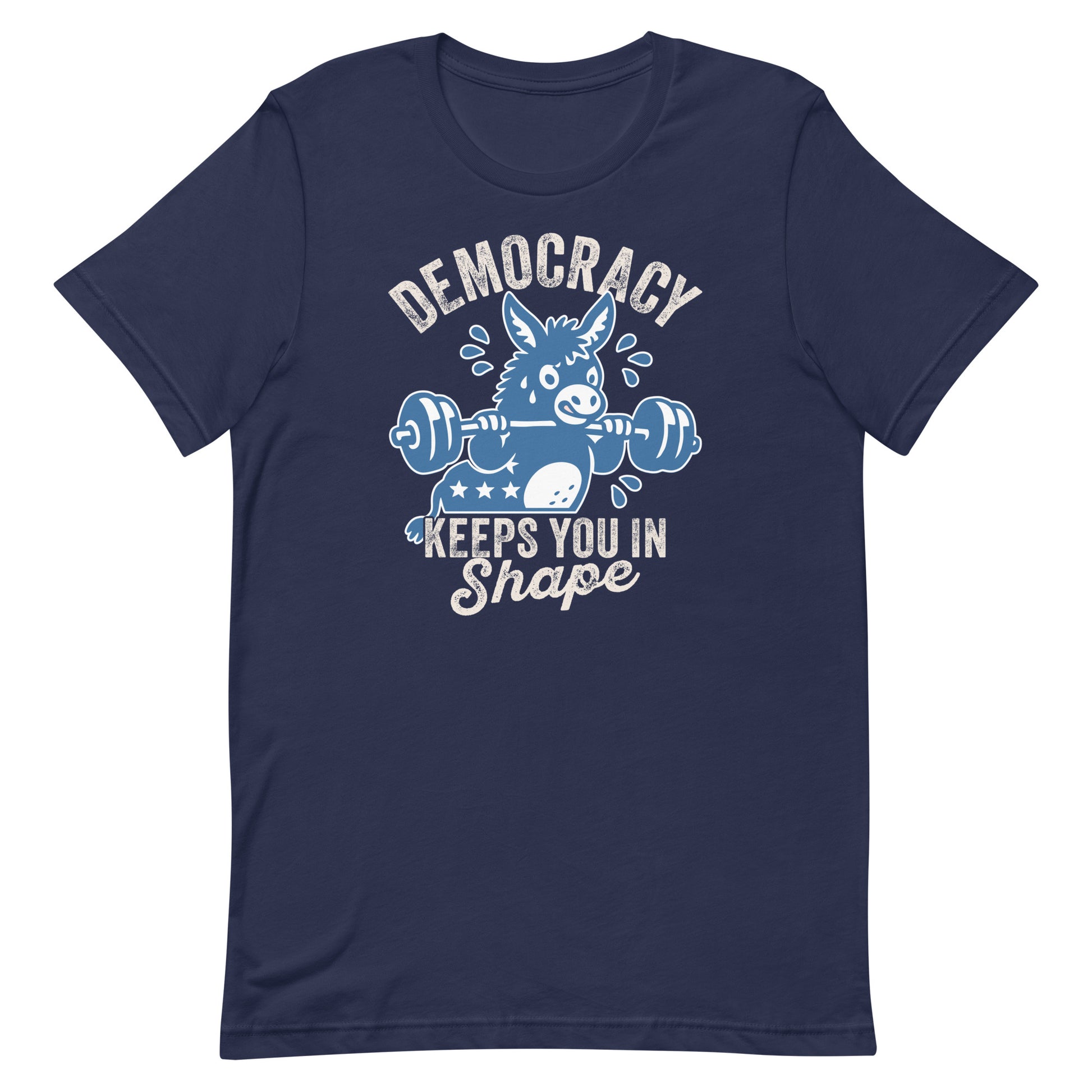 Navy unisex T-shirt featuring a blue donkey lifting weights with democracy-inspired wording, playful political humor design with vintage gym influence.