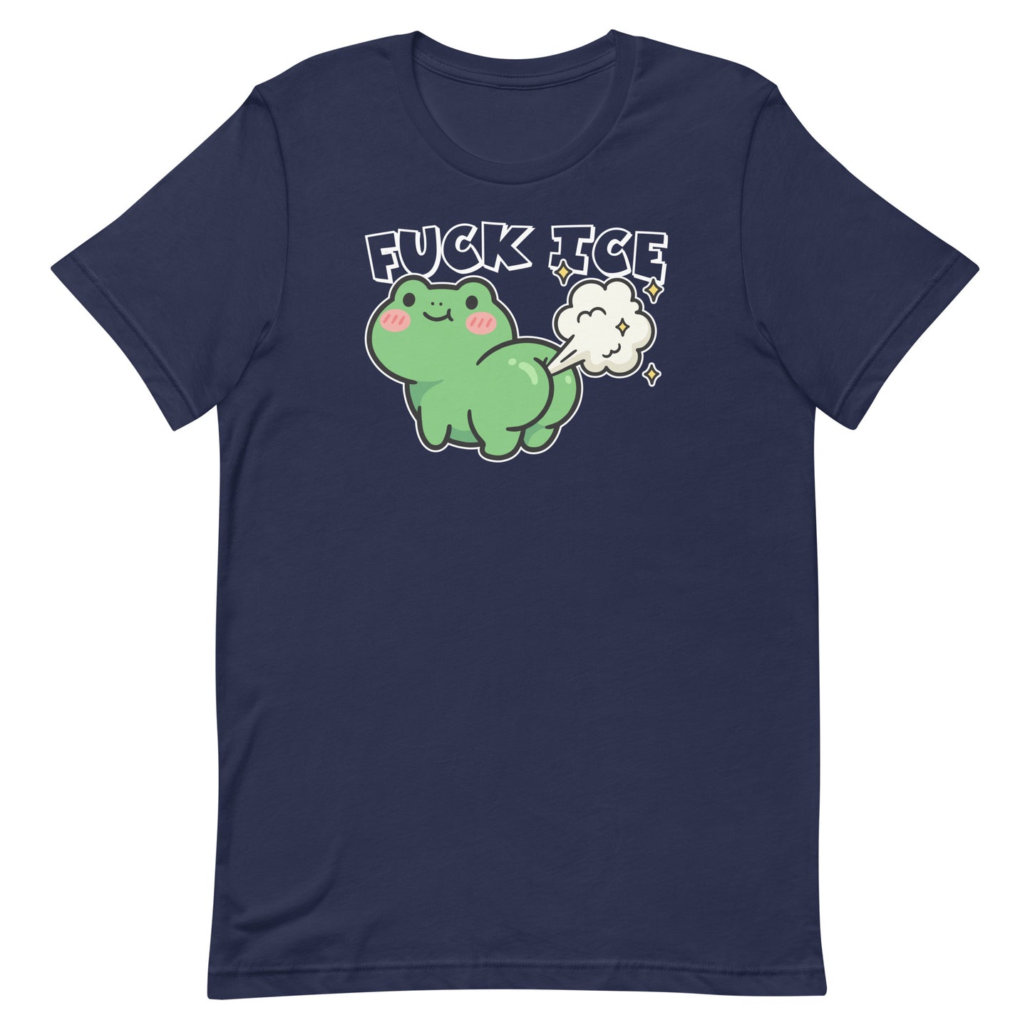 Navy unisex T-shirt featuring frog character and “Fuck ICE” slogan, bold protest apparel with irreverent activist humor.