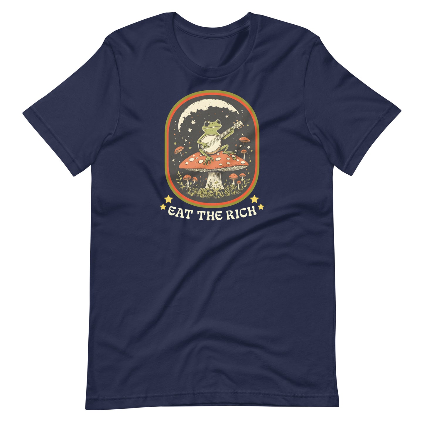 Navy blue t-shirt displaying a vintage-style frog musician illustration framed by retro artwork and the slogan “Eat The Rich.”