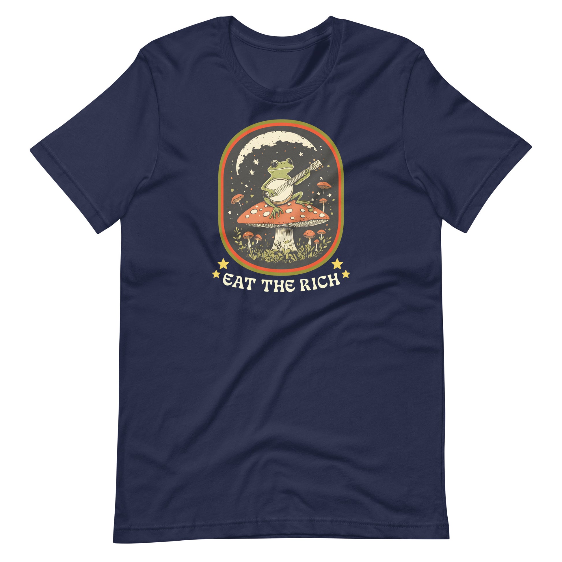 Navy blue t-shirt displaying a vintage-style frog musician illustration framed by retro artwork and the slogan “Eat The Rich.”