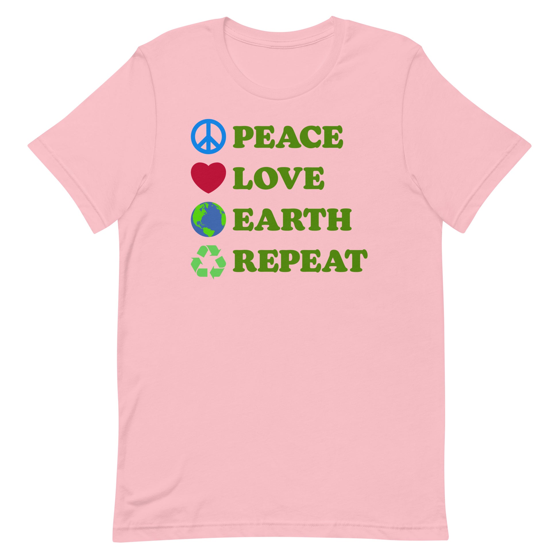 Front View Image: Peace Love Earth Repeat t-shirt displayed flat with full front graphic