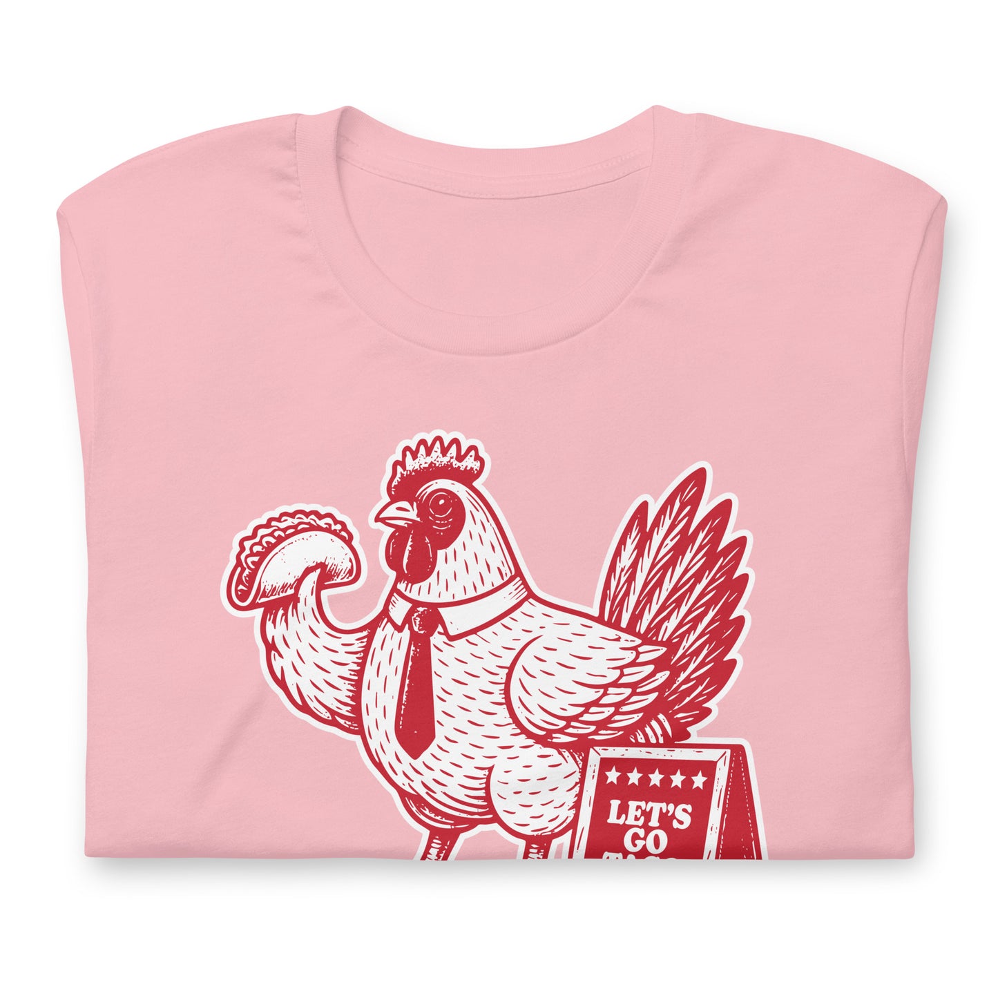 Close-Up of Design: Close-Up of Chicken Holding Taco with “Let’s Go TACO” Sign
