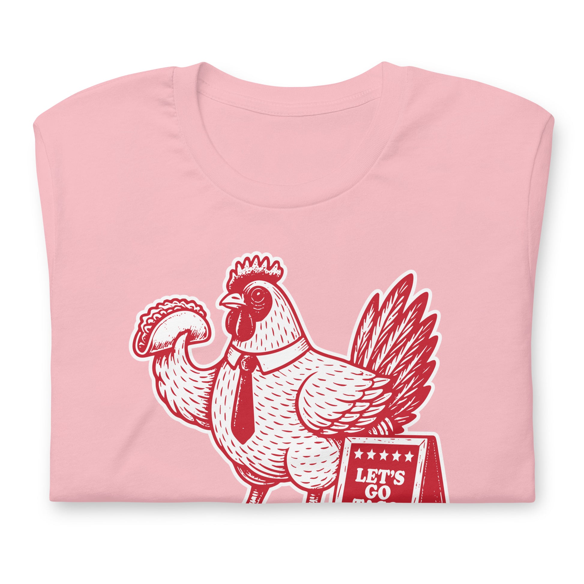 Close-Up of Design: Close-Up of Chicken Holding Taco with “Let’s Go TACO” Sign