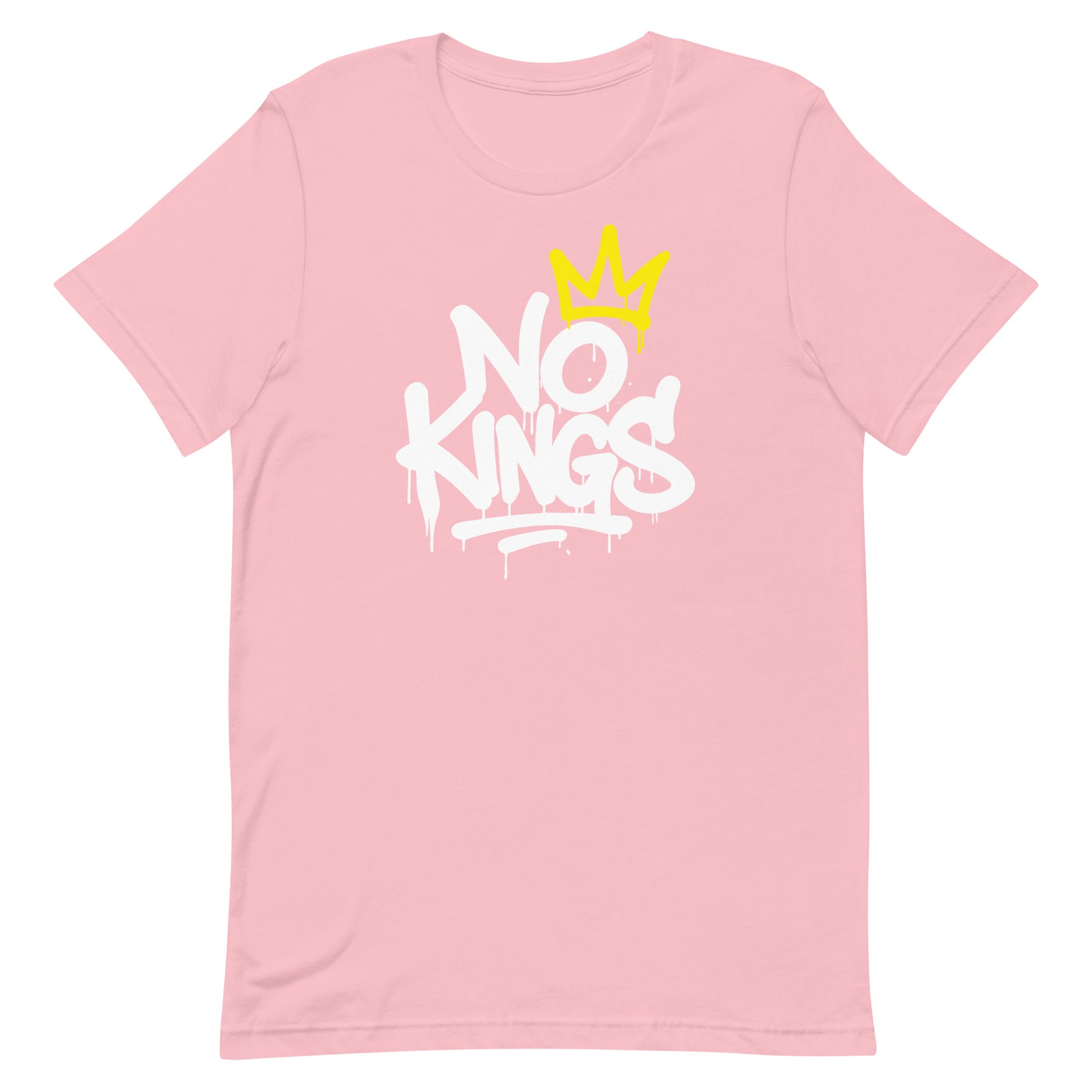 Front View Image: Front view of No Kings in America protest t-shirt with bold graffiti text and yellow crown