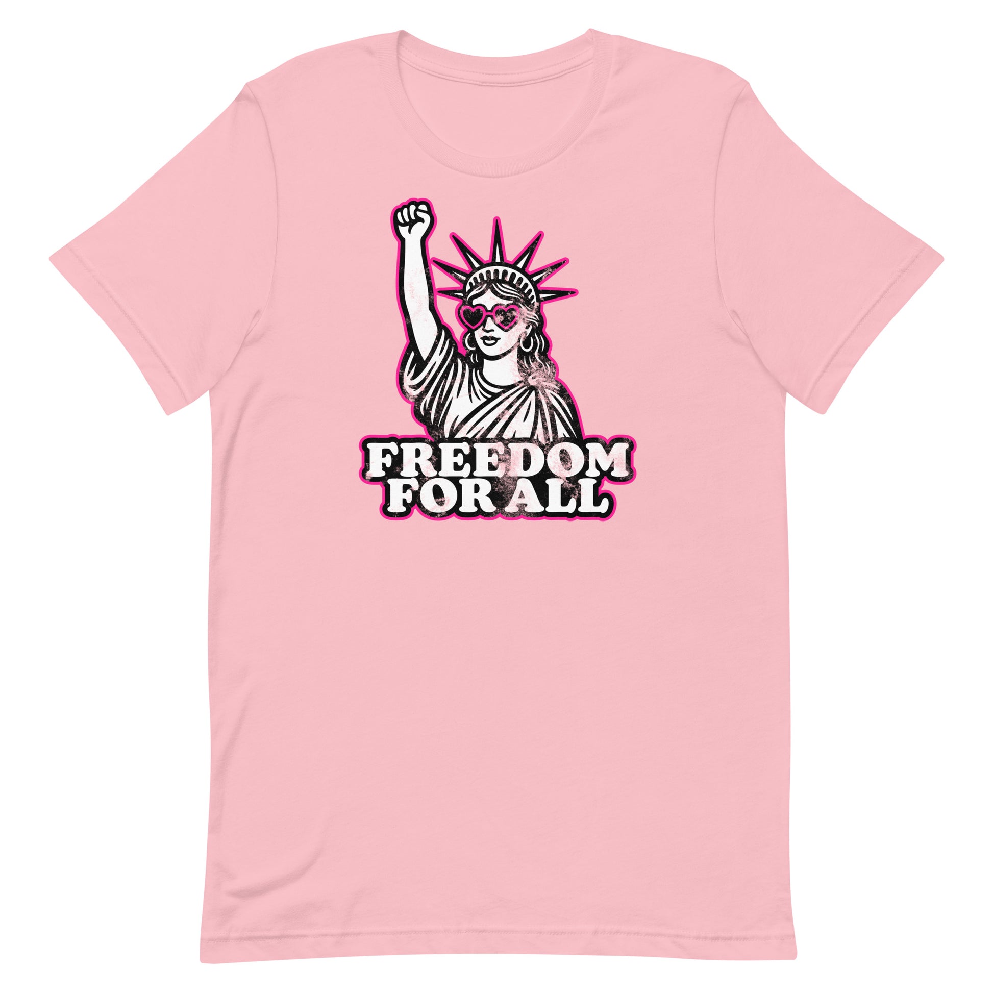 Front View Image: Front view of Freedom For All t-shirt with pink heart sunglasses and raised fist Statue of Liberty