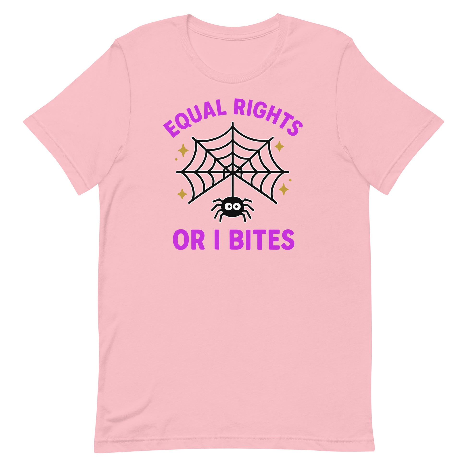 Pink “Equal Rights or I Bites” Halloween shirt with web and spider, feminist activism tee.