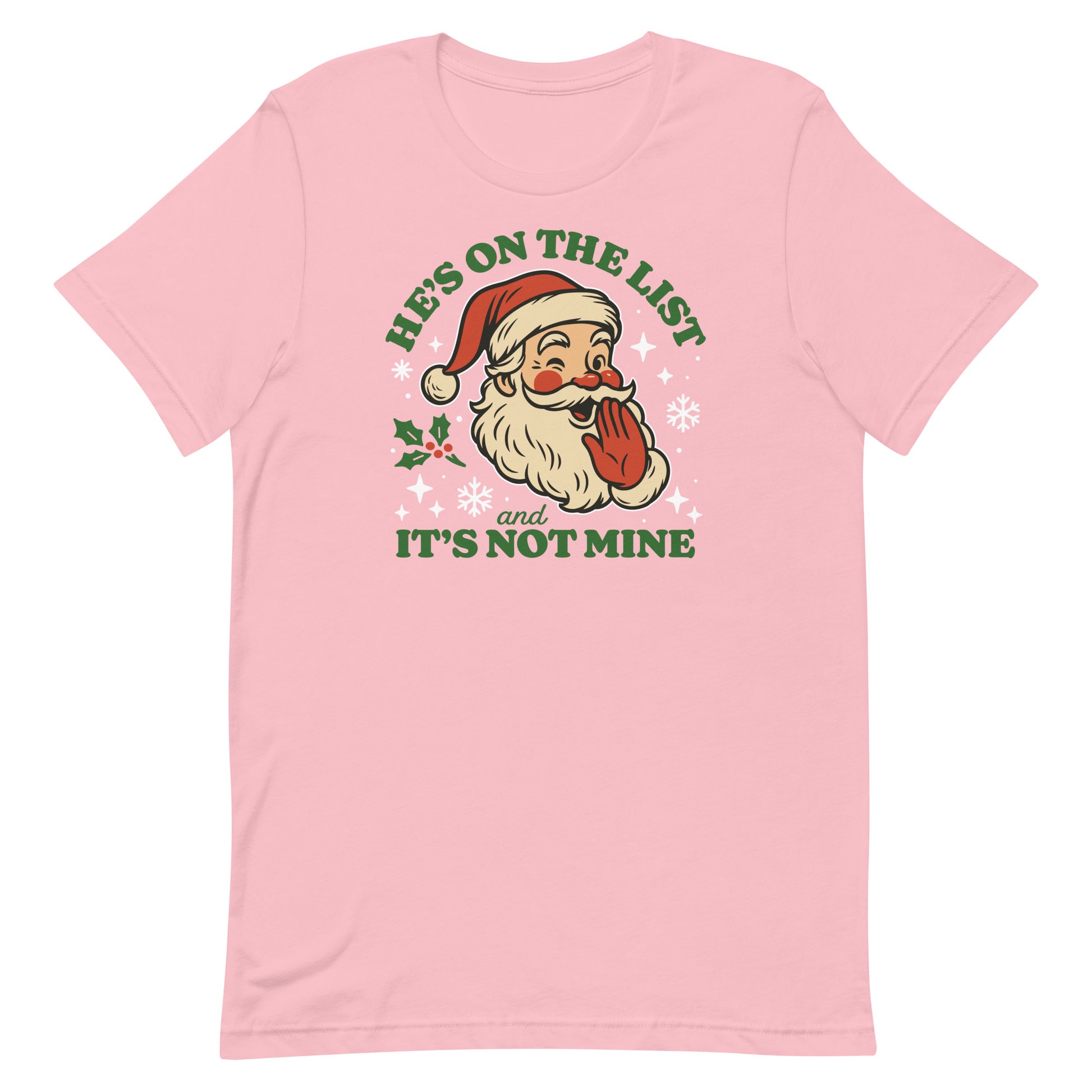 Light pink tee with the vintage Santa artwork, giving the classic design a cute pastel twist.