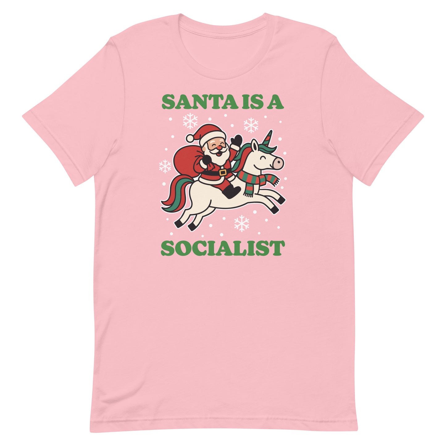 Pink t-shirt featuring a retro Santa riding a unicorn and decorative stars with the printed phrase “SANTA IS A SOCIALIST.”