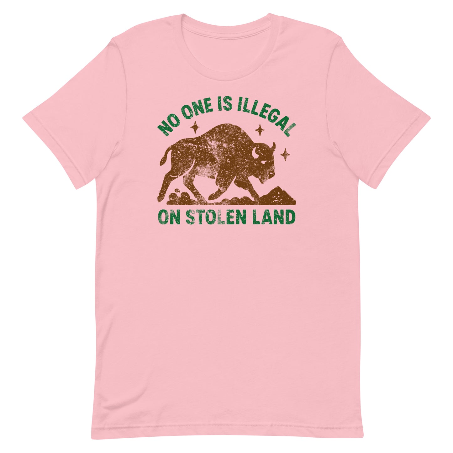 Pink tee with the buffalo illustration and the message “NO ONE IS ILLEGAL ON STOLEN LAND,” a soft colorway paired with an anti-colonial statement.