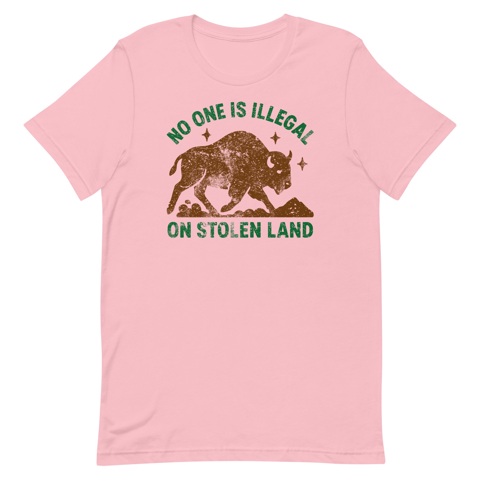 Pink tee with the buffalo illustration and the message “NO ONE IS ILLEGAL ON STOLEN LAND,” a soft colorway paired with an anti-colonial statement.