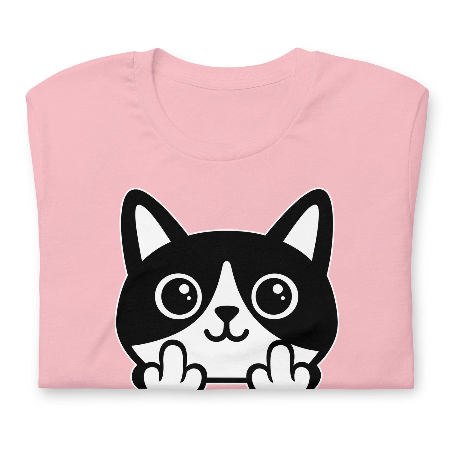 Folded pink t-shirt featuring centered bold graphic cartoon cat flipping the middle finger, white print details, simple layout, printed message “FUCK ICE,” soft pink fabric.