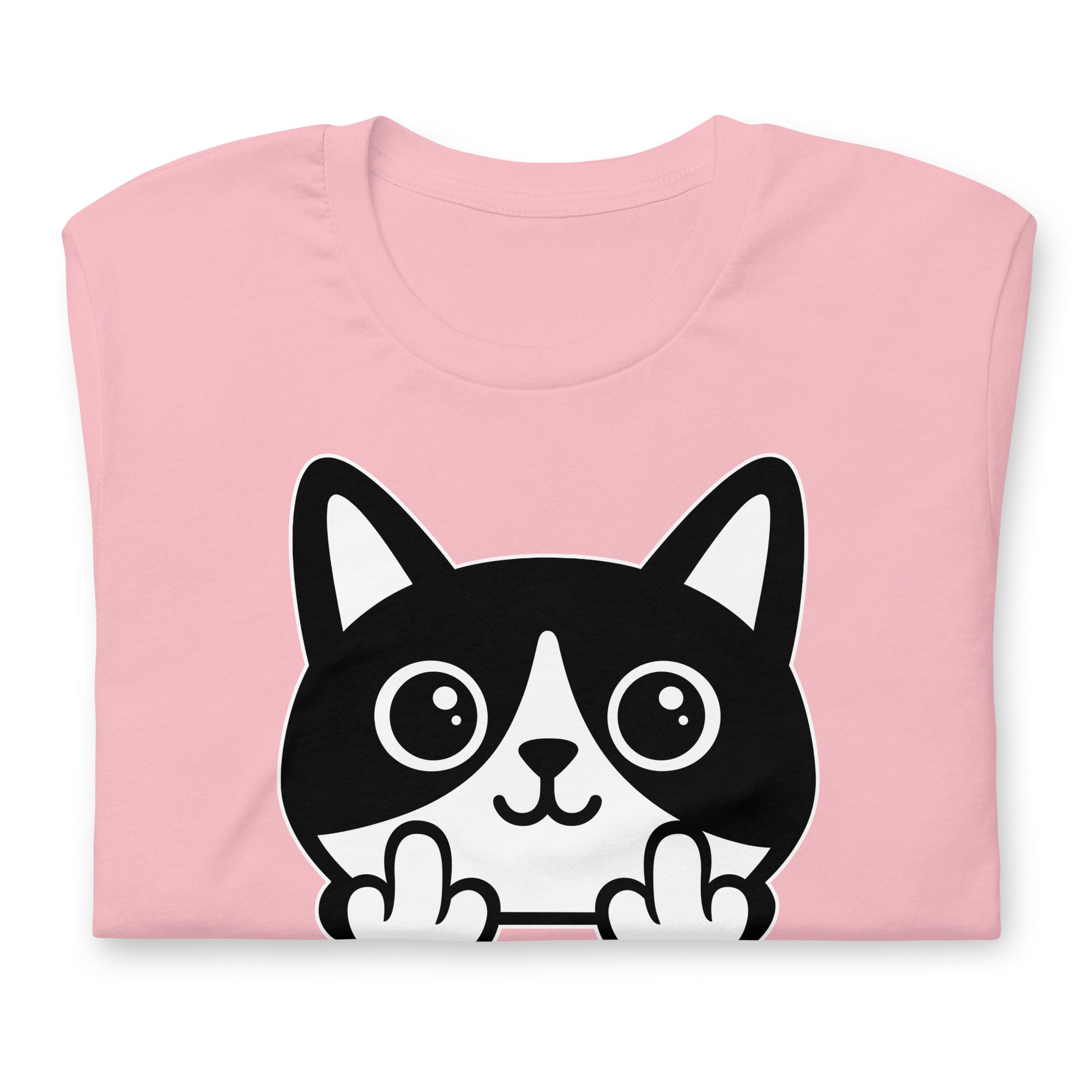 Folded pink t-shirt featuring centered bold graphic cartoon cat flipping the middle finger, white print details, simple layout, printed message “FUCK ICE,” soft pink fabric.