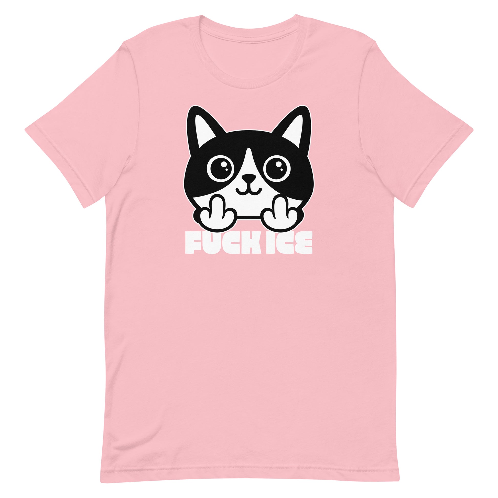 Light pink t-shirt with bold graphic cartoon cat giving the middle finger, clean white illustration, centered composition, printed message “FUCK ICE,” soft pastel cotton fabric.