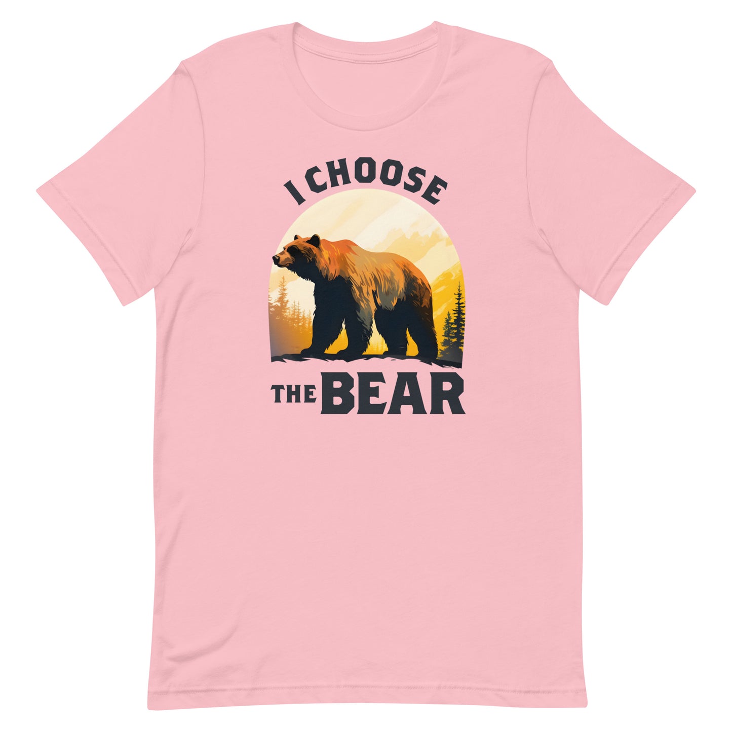 Light pink unisex t-shirt featuring sunset bear illustration and phrase “I Choose The Bear,” progressive activist apparel.