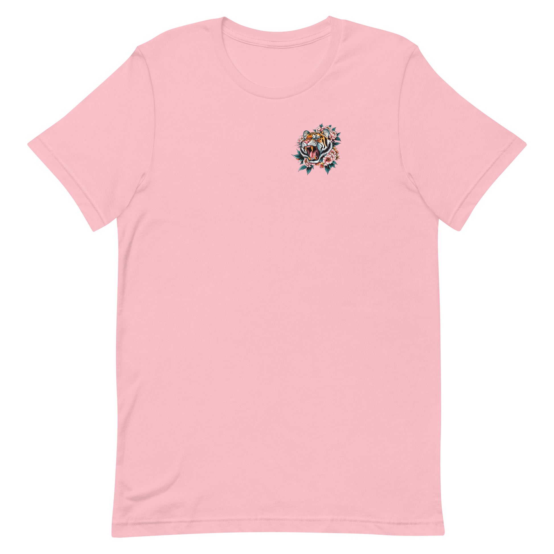 Light pink unisex t-shirt featuring small tiger emblem on chest, companion artwork for “Women Don’t Owe You Sh*t” feminist design.