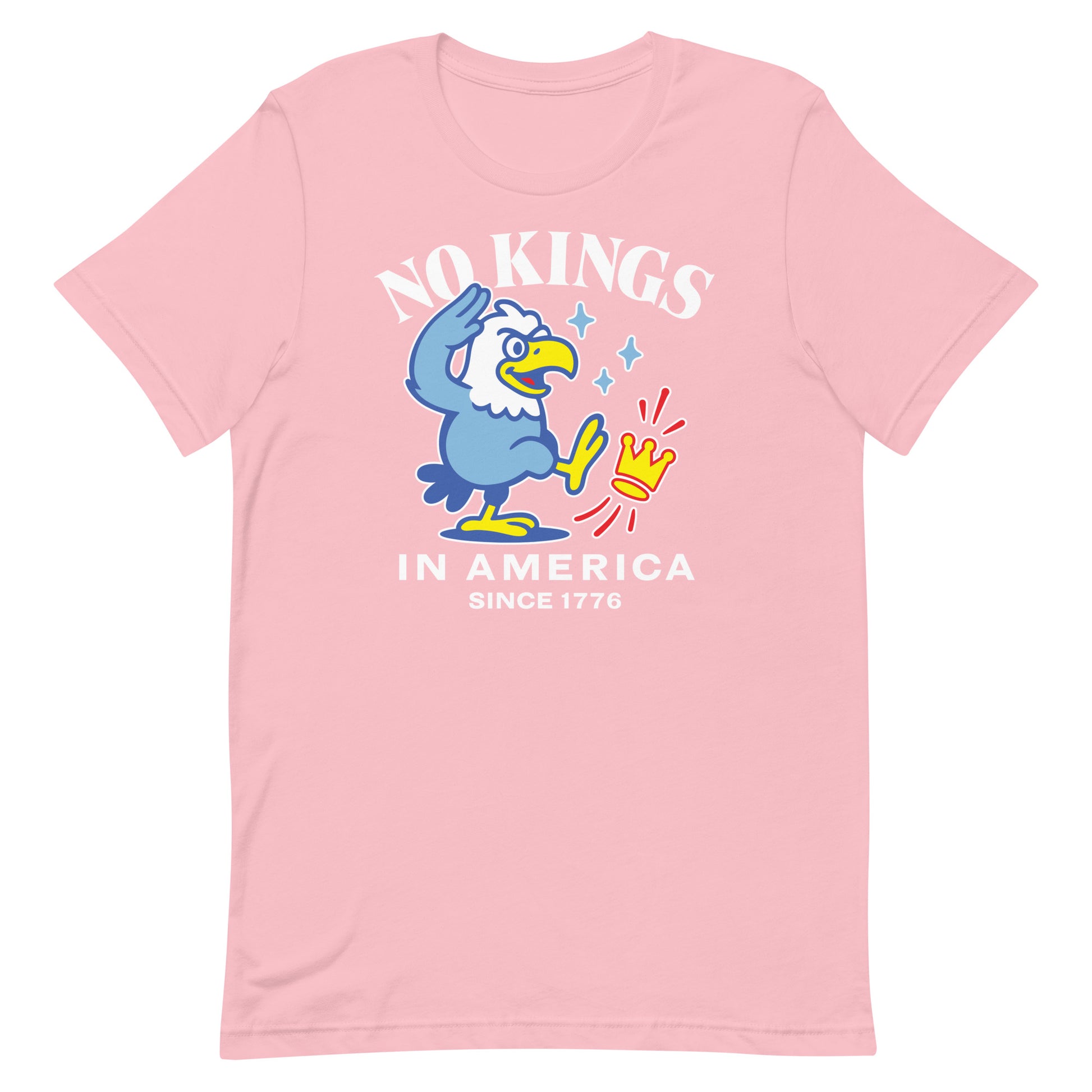 Light pink unisex t-shirt displaying eagle graphic and patriotic message “NO KINGS IN AMERICA SINCE 1776.”
