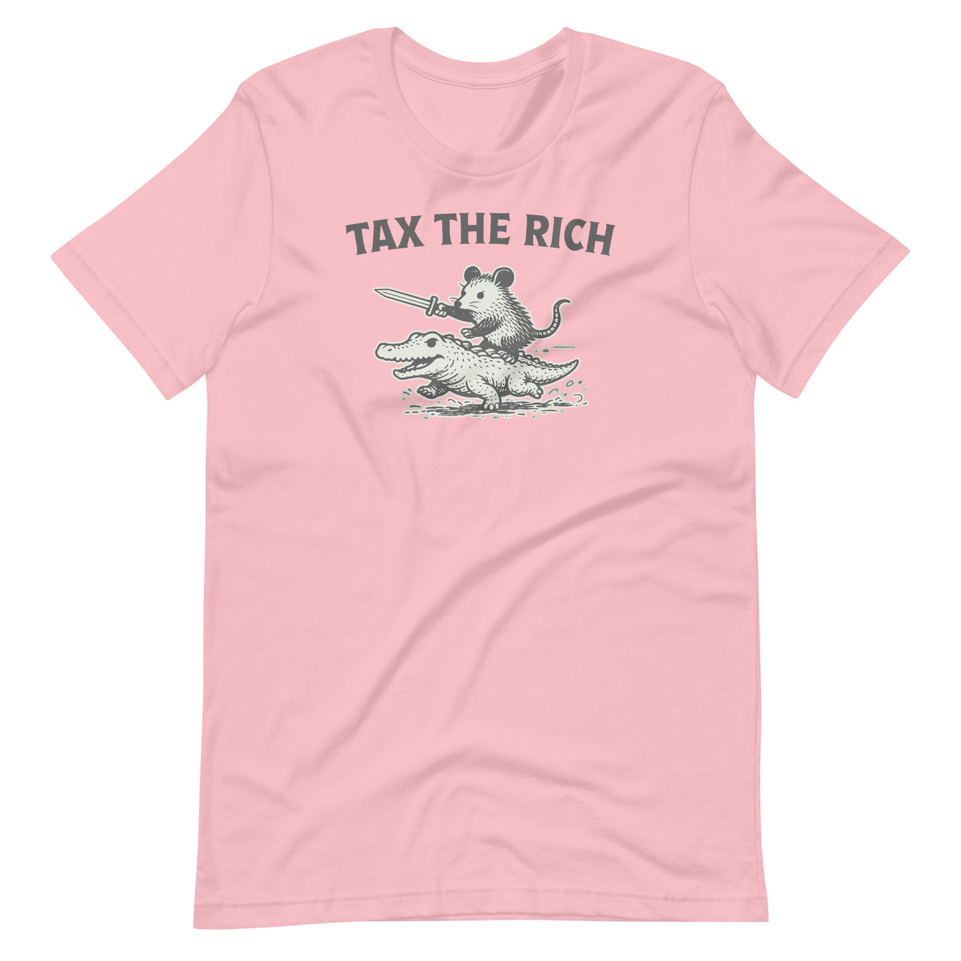Pink unisex t-shirt featuring a vintage-inspired opossum riding an alligator illustration paired with the bold “Tax the Rich” statement.