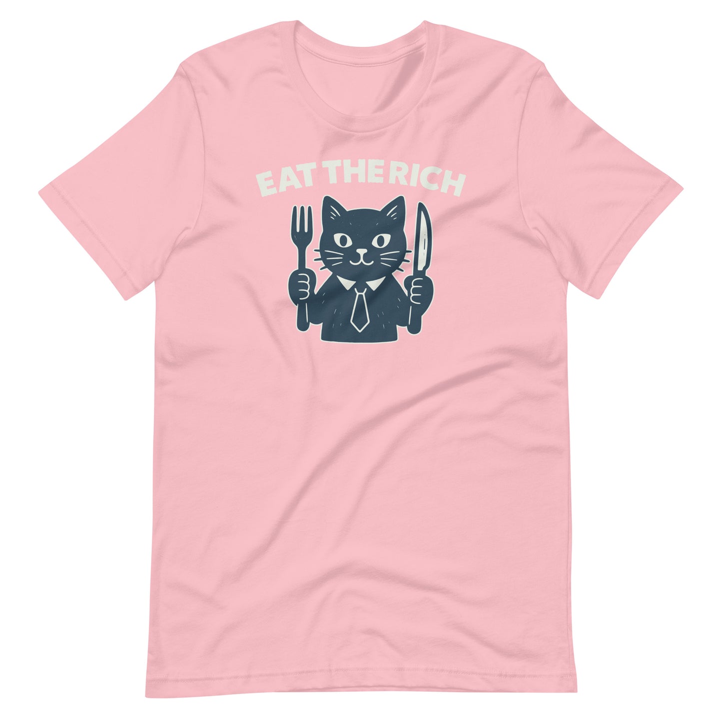 Pink unisex t-shirt featuring a cartoon cat holding a fork and knife with the bold “Eat the Rich” slogan and anti-corporate protest-inspired design.