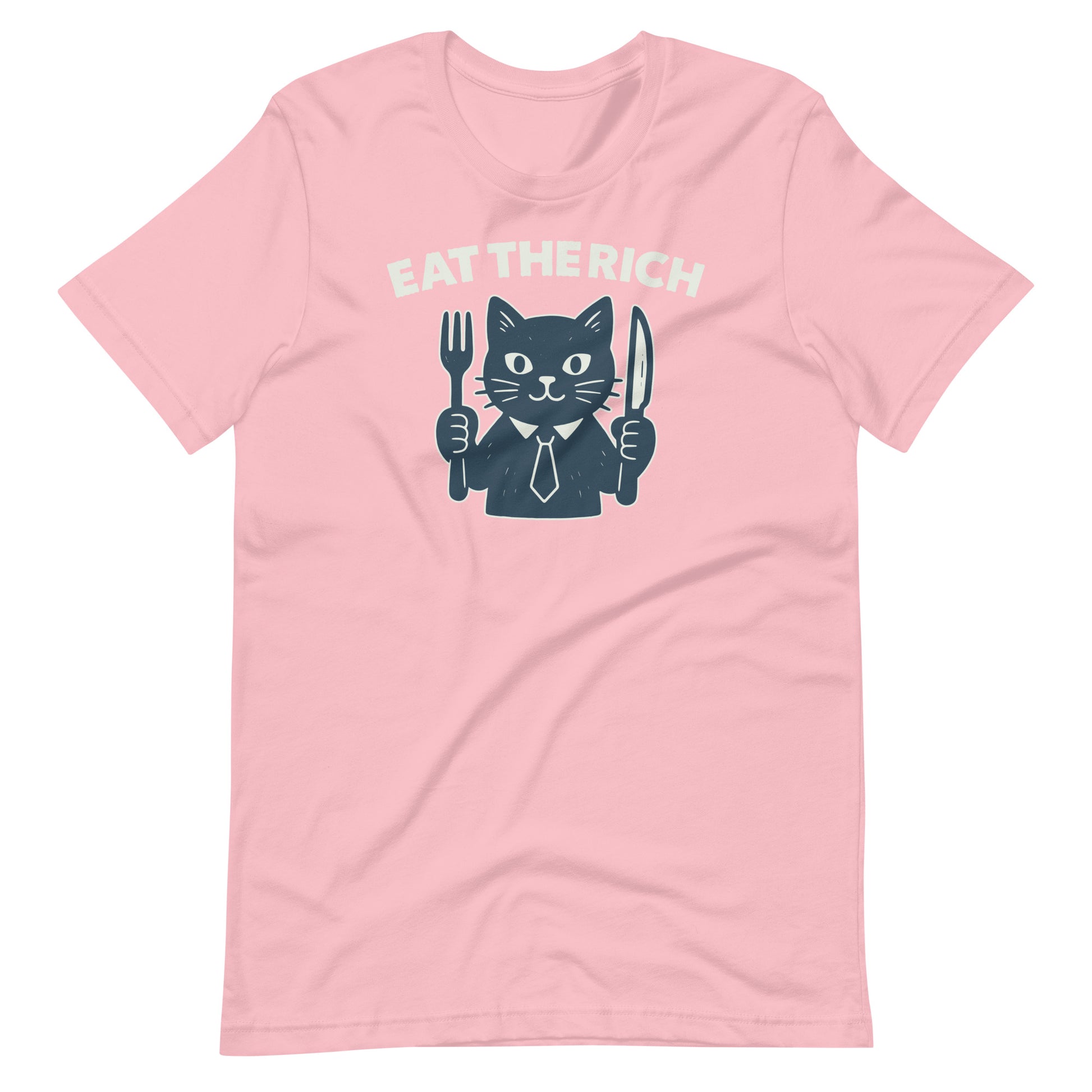 Pink unisex t-shirt featuring a cartoon cat holding a fork and knife with the bold “Eat the Rich” slogan and anti-corporate protest-inspired design.