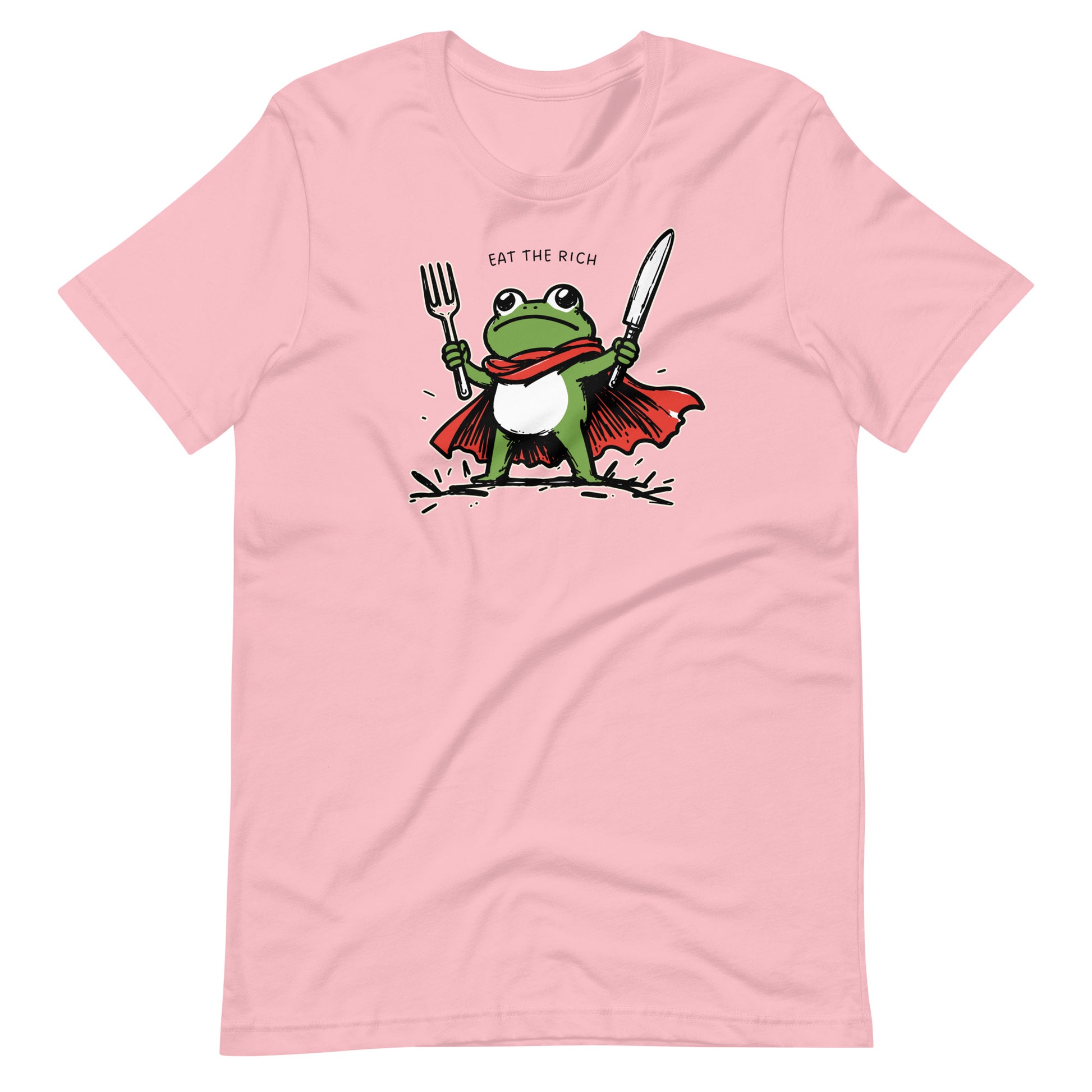Pink unisex t-shirt displaying a caped frog character armed with fork and knife beneath the phrase “Eat the Rich” in a humorous protest-inspired design.