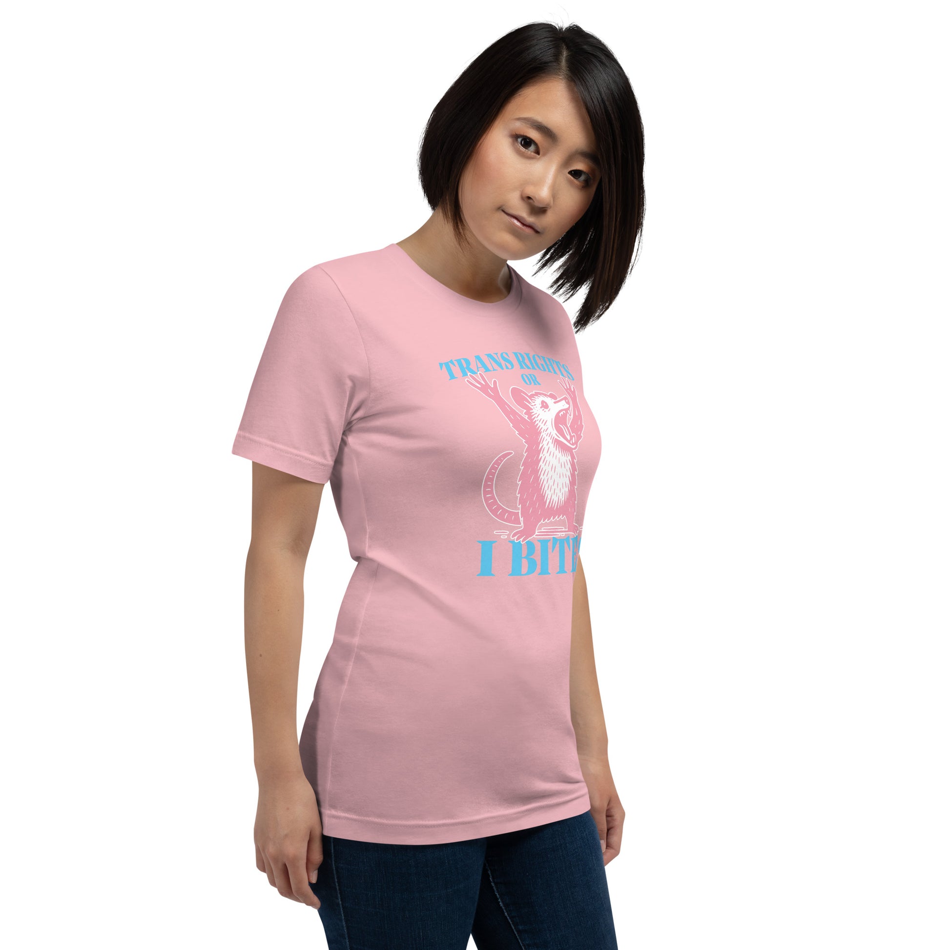Female activist wearing the "Trans Rights Or I Bites" Opossum Trans LGBTQ+ Protest Unisex T-Shirt