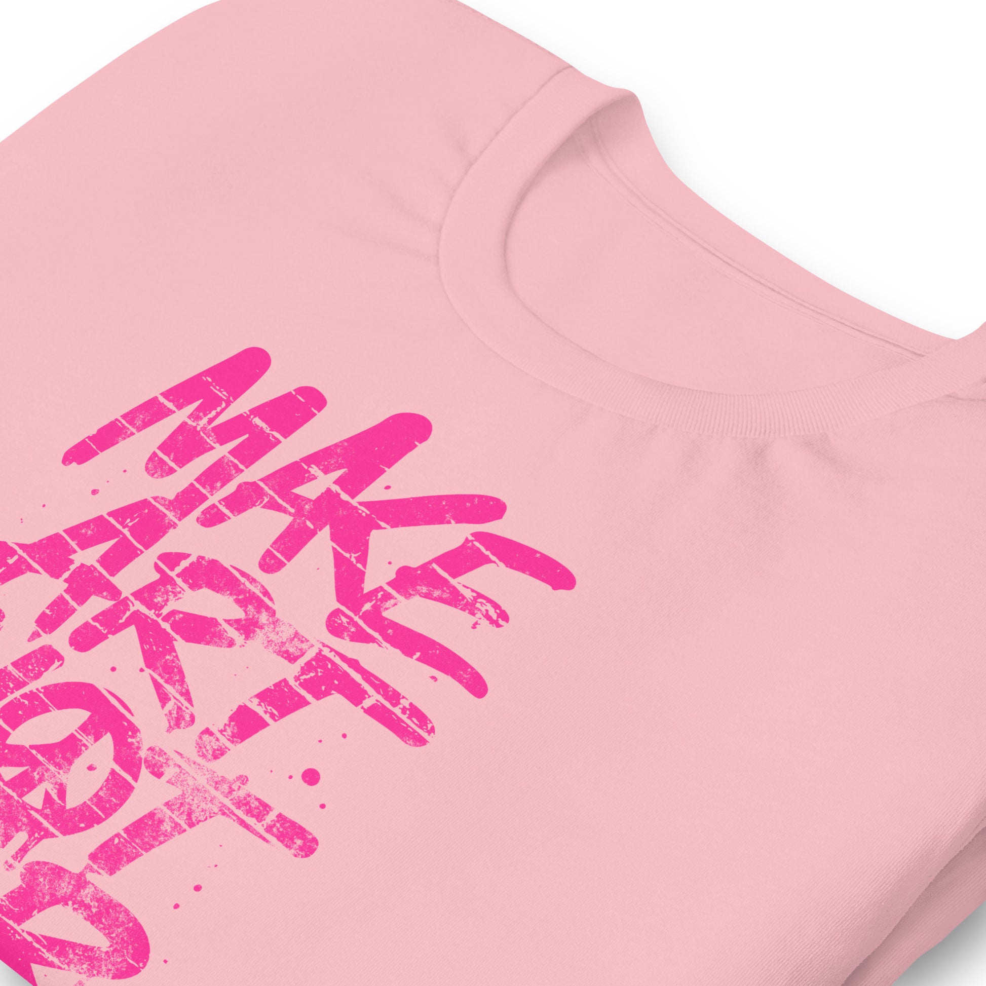 Close-Up of Design: Close-up of distressed “Make Art Not War” text with peace symbol in graffiti style - Pink