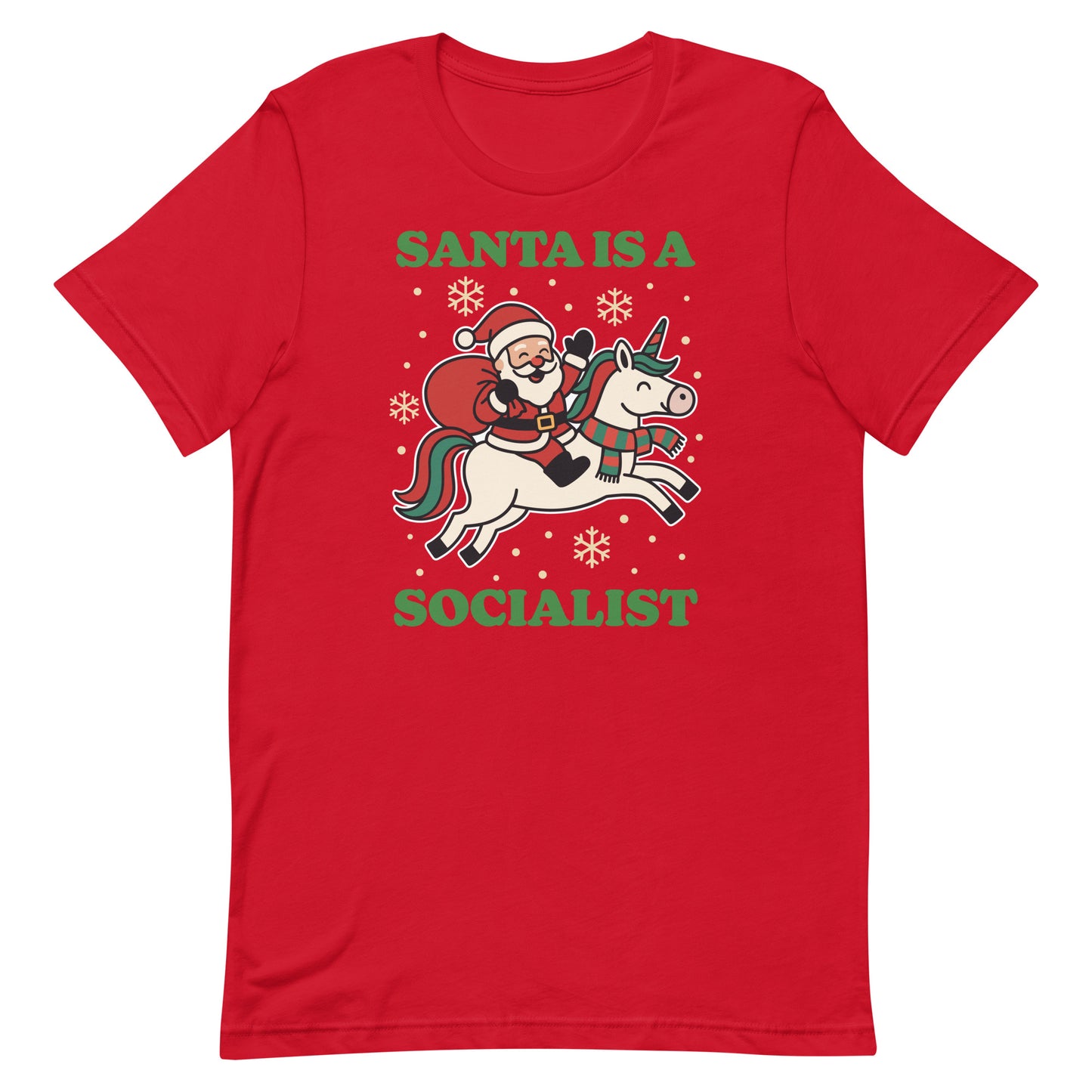 Red t-shirt printed with a retro Santa riding a unicorn illustration, surrounded by stars, and the message “SANTA IS A SOCIALIST” in green.