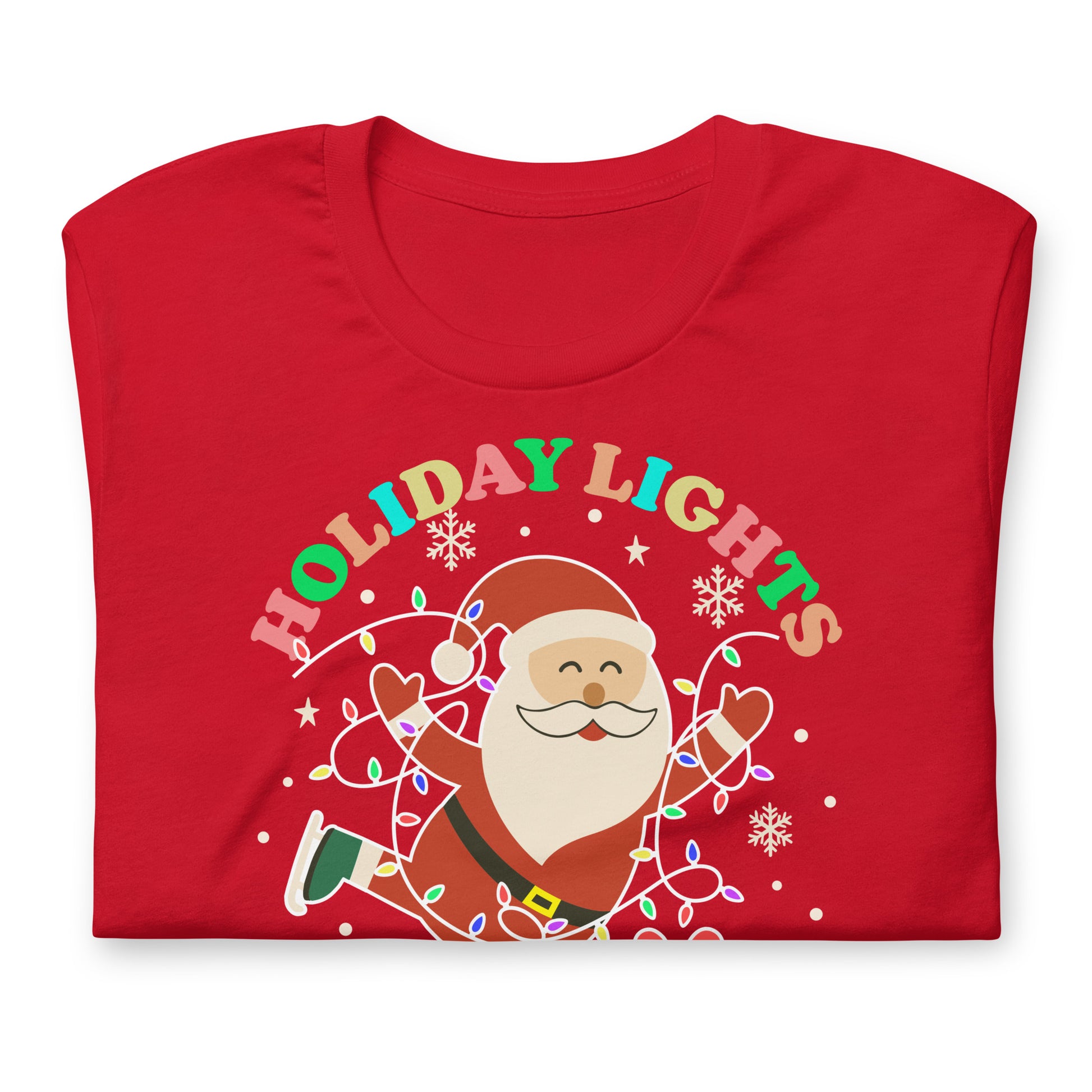 Red round-neck t-shirt with a smiling Santa carrying gifts, surrounded by festive lights and snowflakes, printed with “HOLIDAY LIGHTS ABOLISH ICE.”