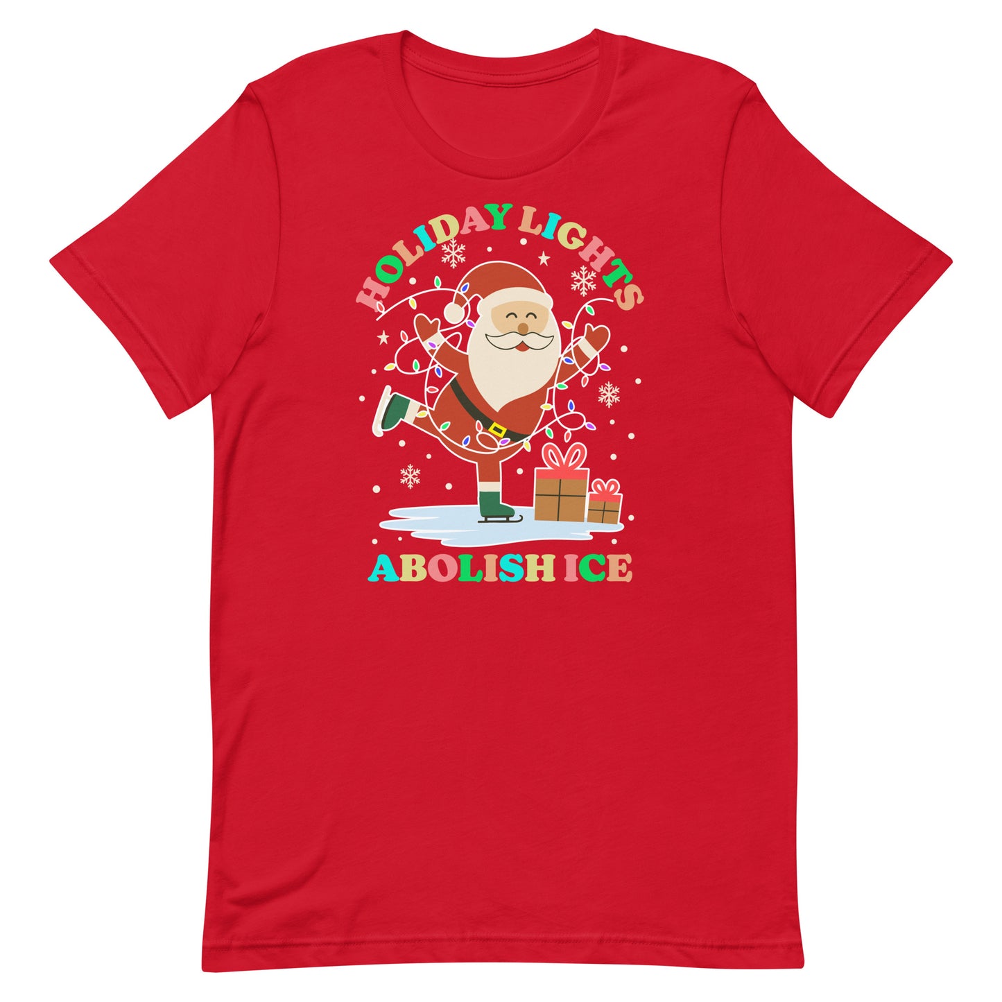 A red crewneck t-shirt displaying Santa wrapped in festive holiday lights, surrounded by gifts and stars, with the printed message “HOLIDAY LIGHTS ABOLISH ICE,” styled for holiday activism.