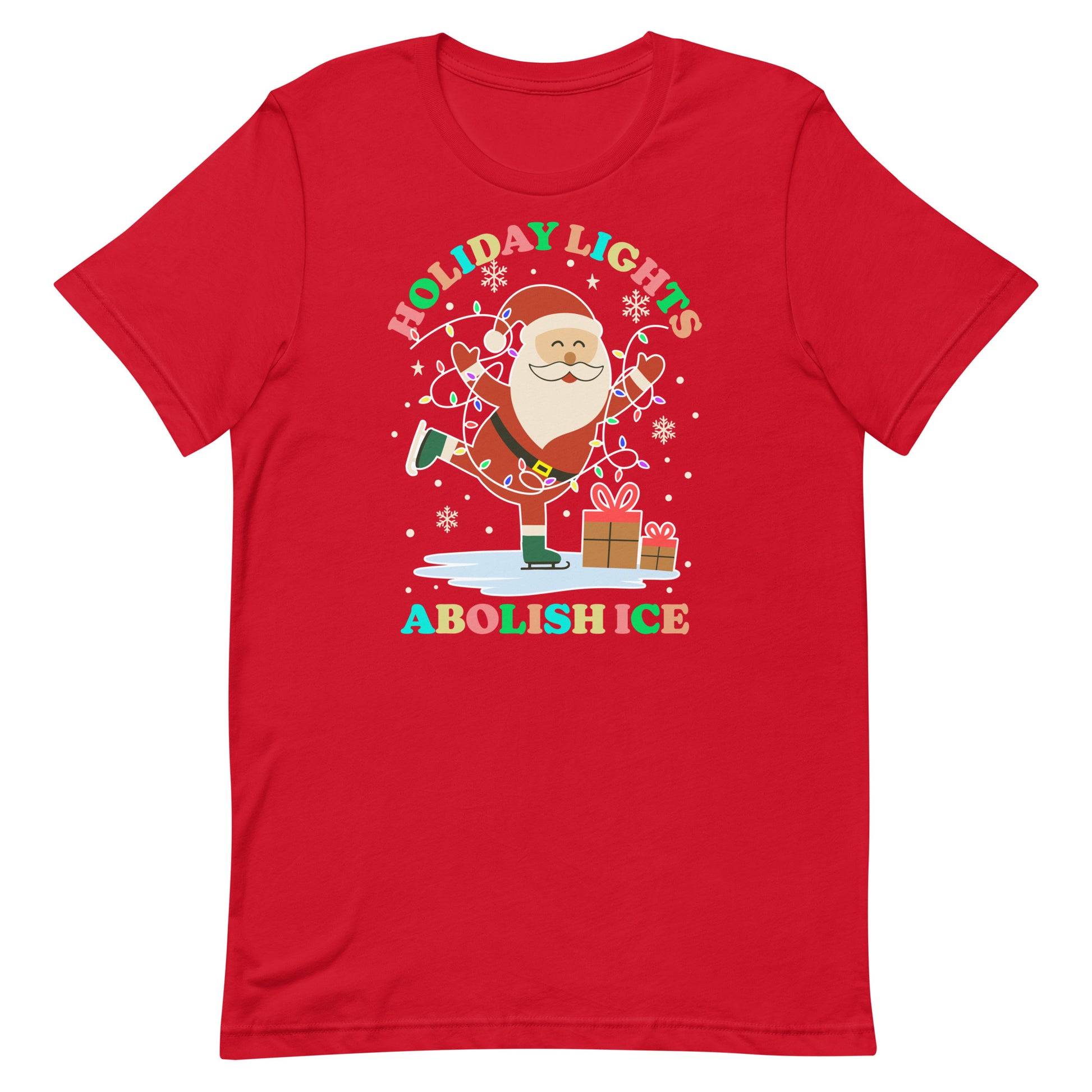 A red crewneck t-shirt displaying Santa wrapped in festive holiday lights, surrounded by gifts and stars, with the printed message “HOLIDAY LIGHTS ABOLISH ICE,” styled for holiday activism.