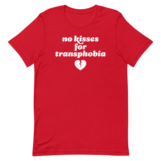 Unisex t-shirt in classic red featuring the phrase “no kisses for transphobia,” blending queer resistance and Valentine symbolism in progressive apparel.