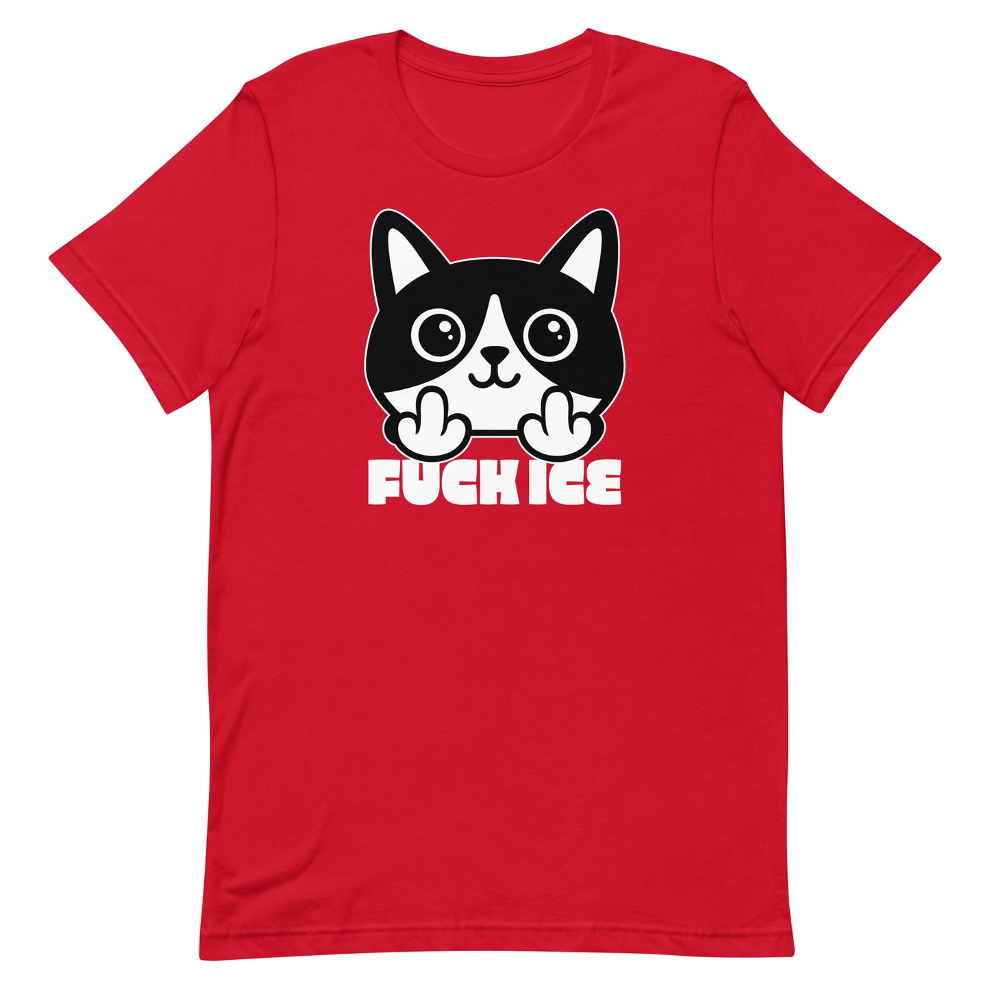 Red t-shirt featuring bold graphic cat illustration giving the middle finger, crisp white print, centered design, printed message “FUCK ICE,” bright red cotton fabric.