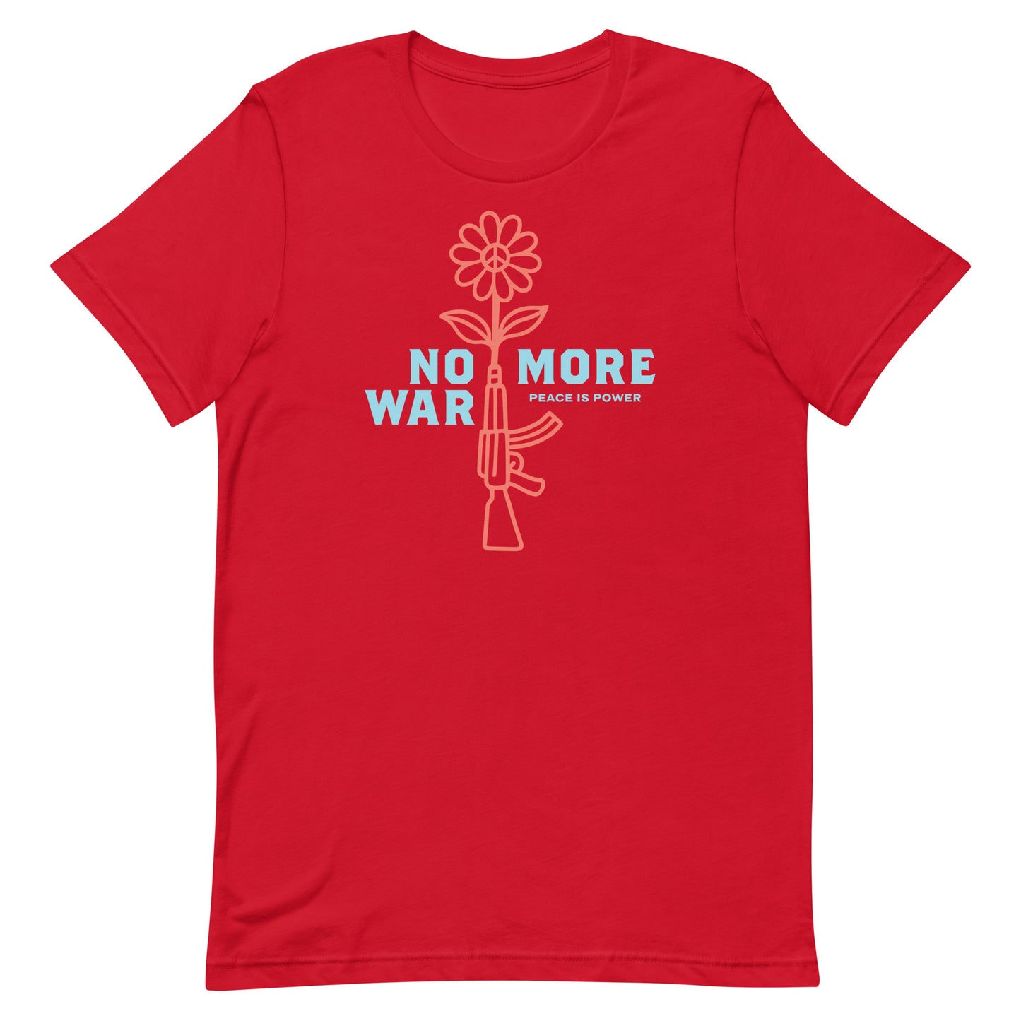 Red unisex t-shirt with line-art rifle blooming into flower and “NO MORE WAR” typography across chest.