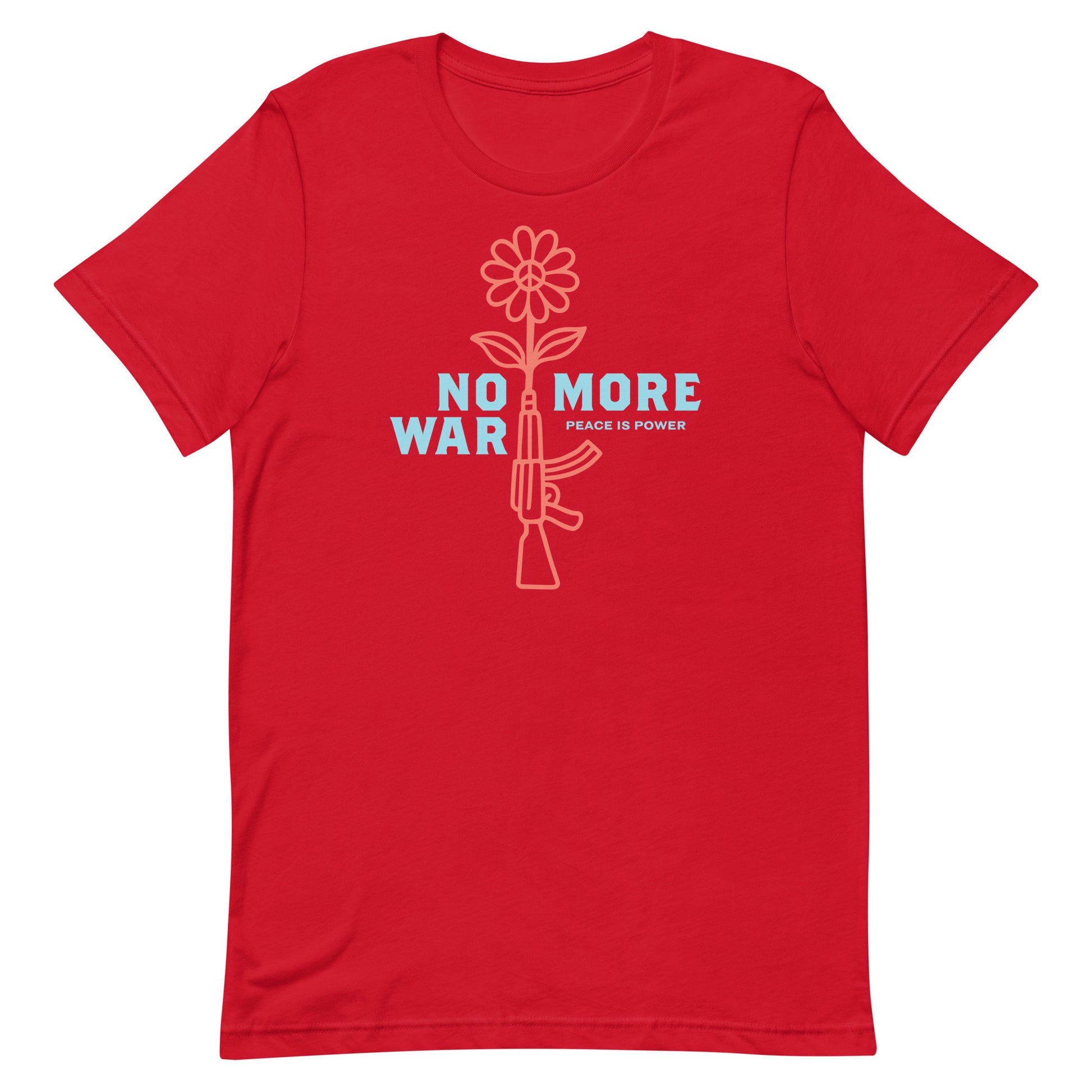 Red unisex t-shirt with line-art rifle blooming into flower and “NO MORE WAR” typography across chest.