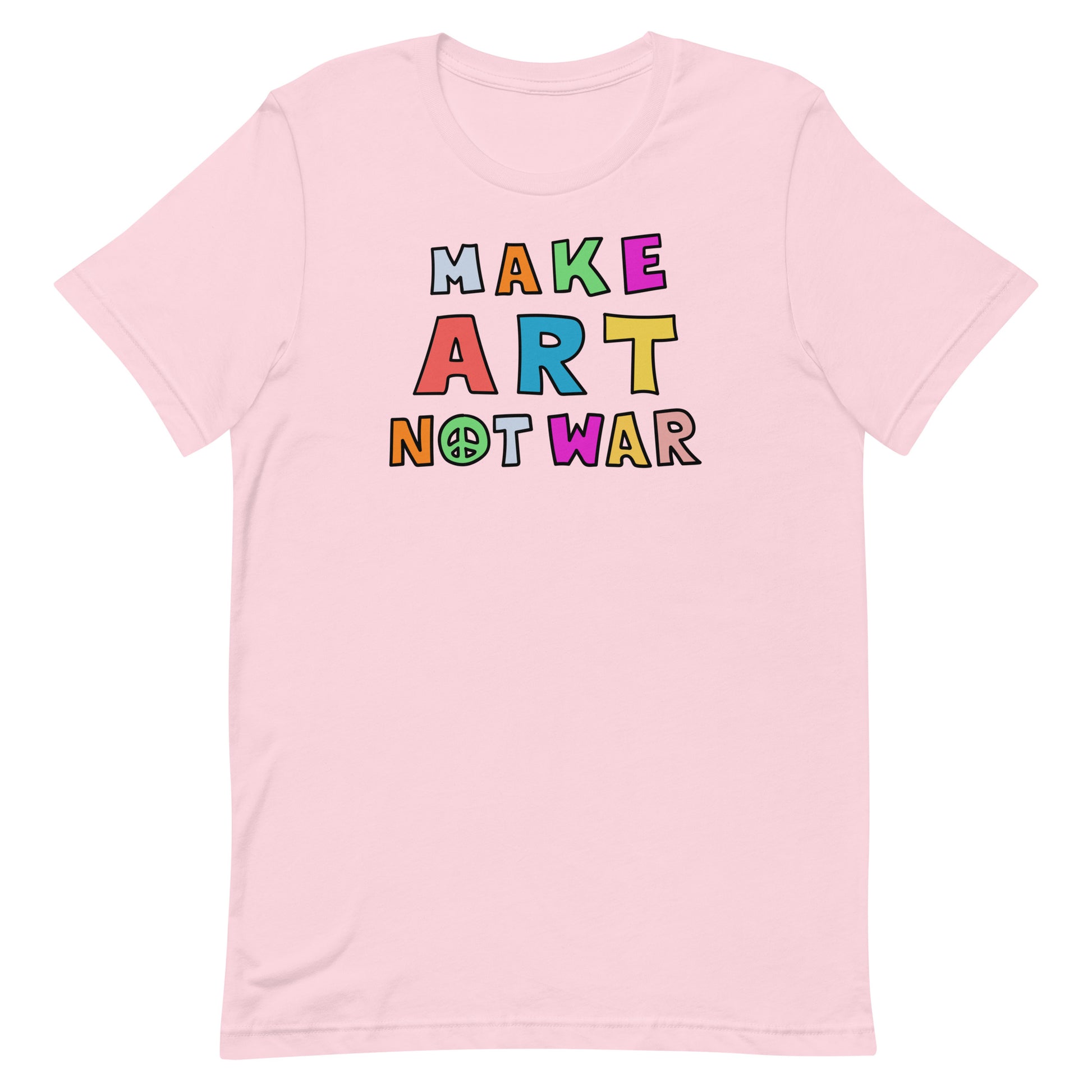 Front View Image: Make Art Not War unisex t-shirt displayed front-on, showcasing the anti-war graphic