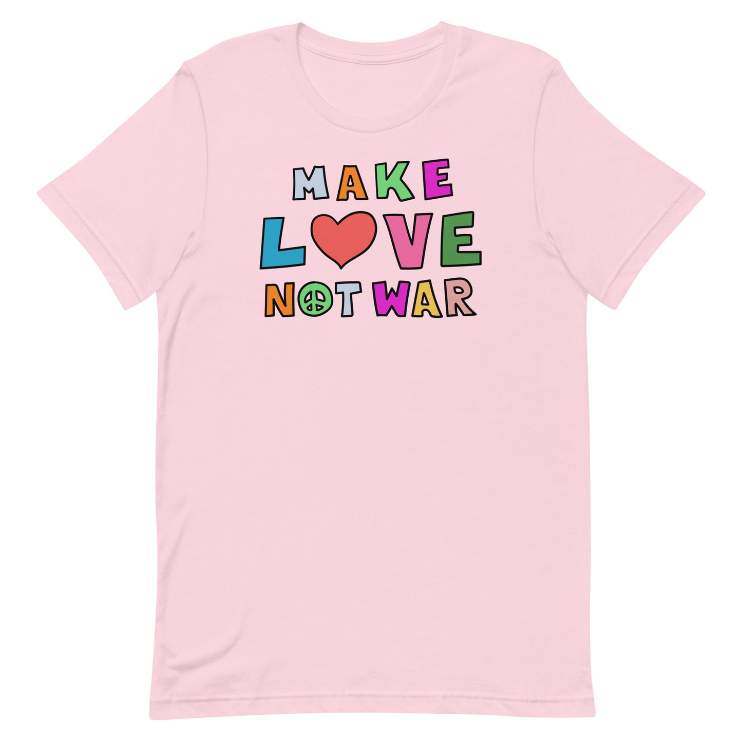Front View Image: Front-facing Make Love Not War unisex t-shirt with bold peace and love message