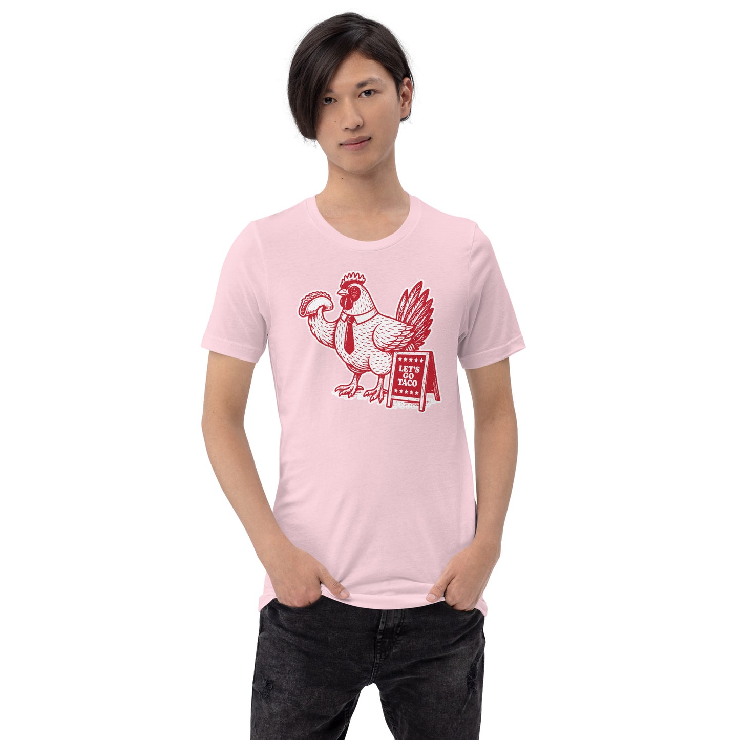 Lifestyle Image: Model wearing the Let’s Go T.A.C.O. Shirt– Bold Political Statement
