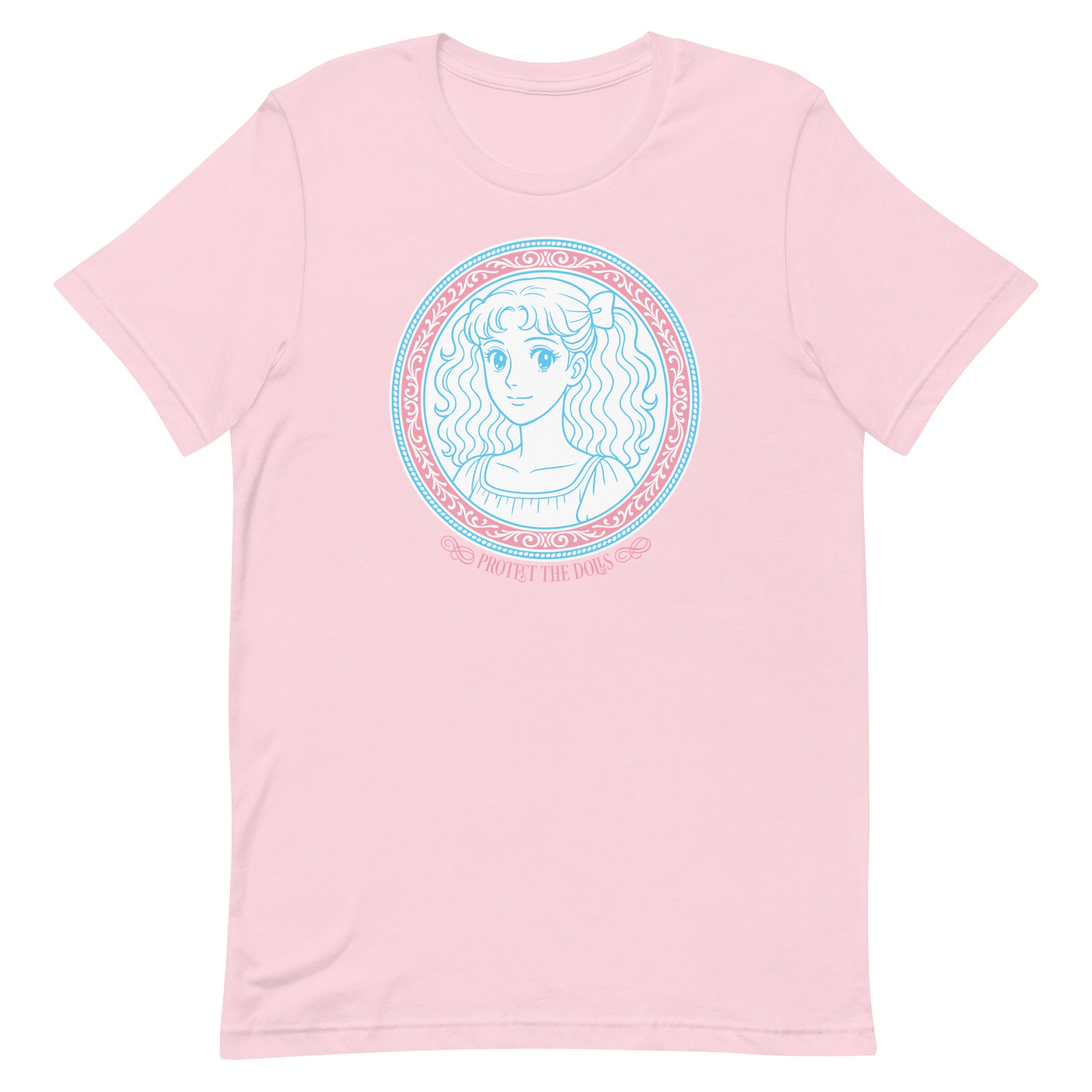 Front View Image: Protect The Dolls t-shirt with trans pride anime-style graphic