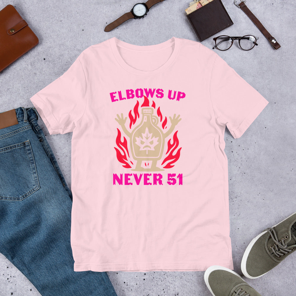 Flat Lay Image: “Elbows Up Never 51” Canadian pride Political protest tee with pink and tan flame graphic on black