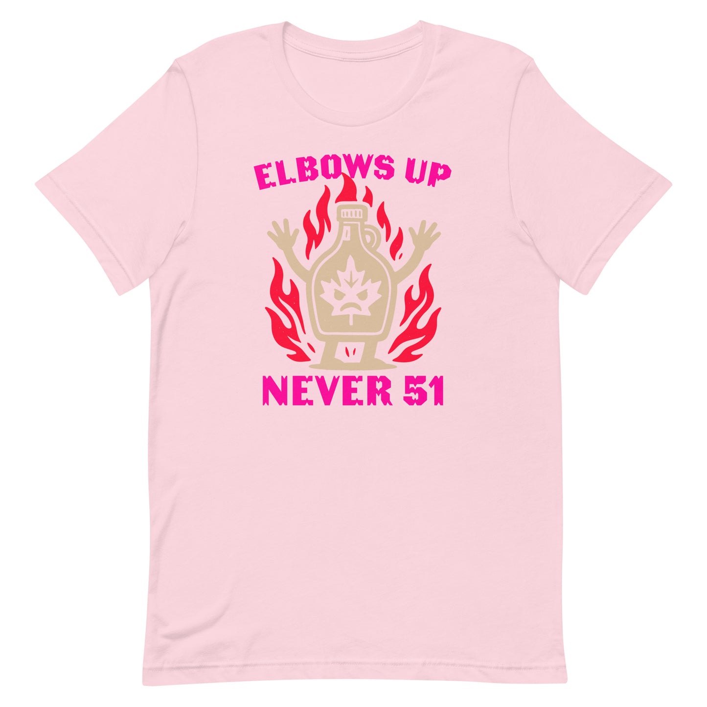 Product Front View Image: “Elbows Up Never 51” Canadian pride t-shirt on display
