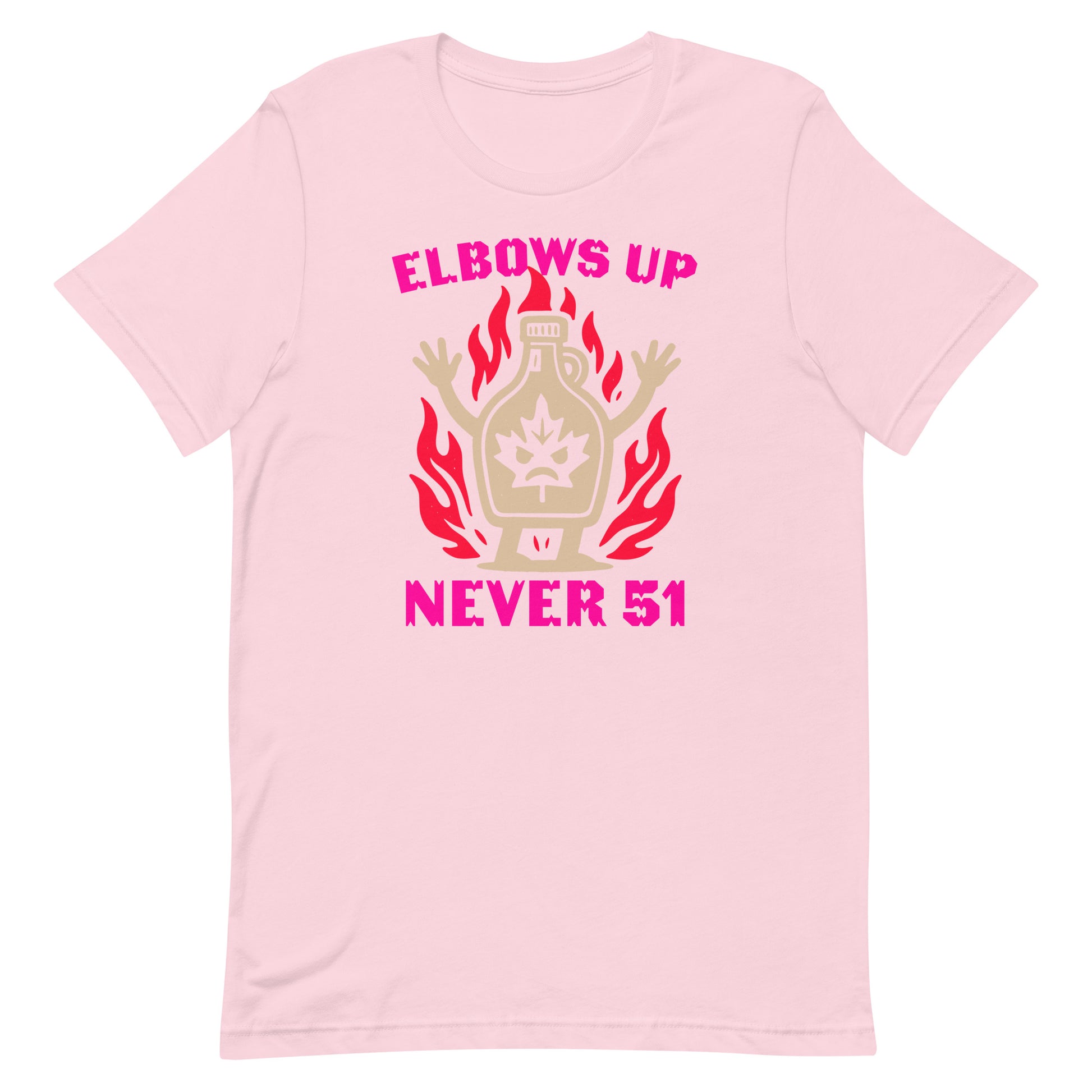 Product Front View Image: “Elbows Up Never 51” Canadian pride t-shirt on display