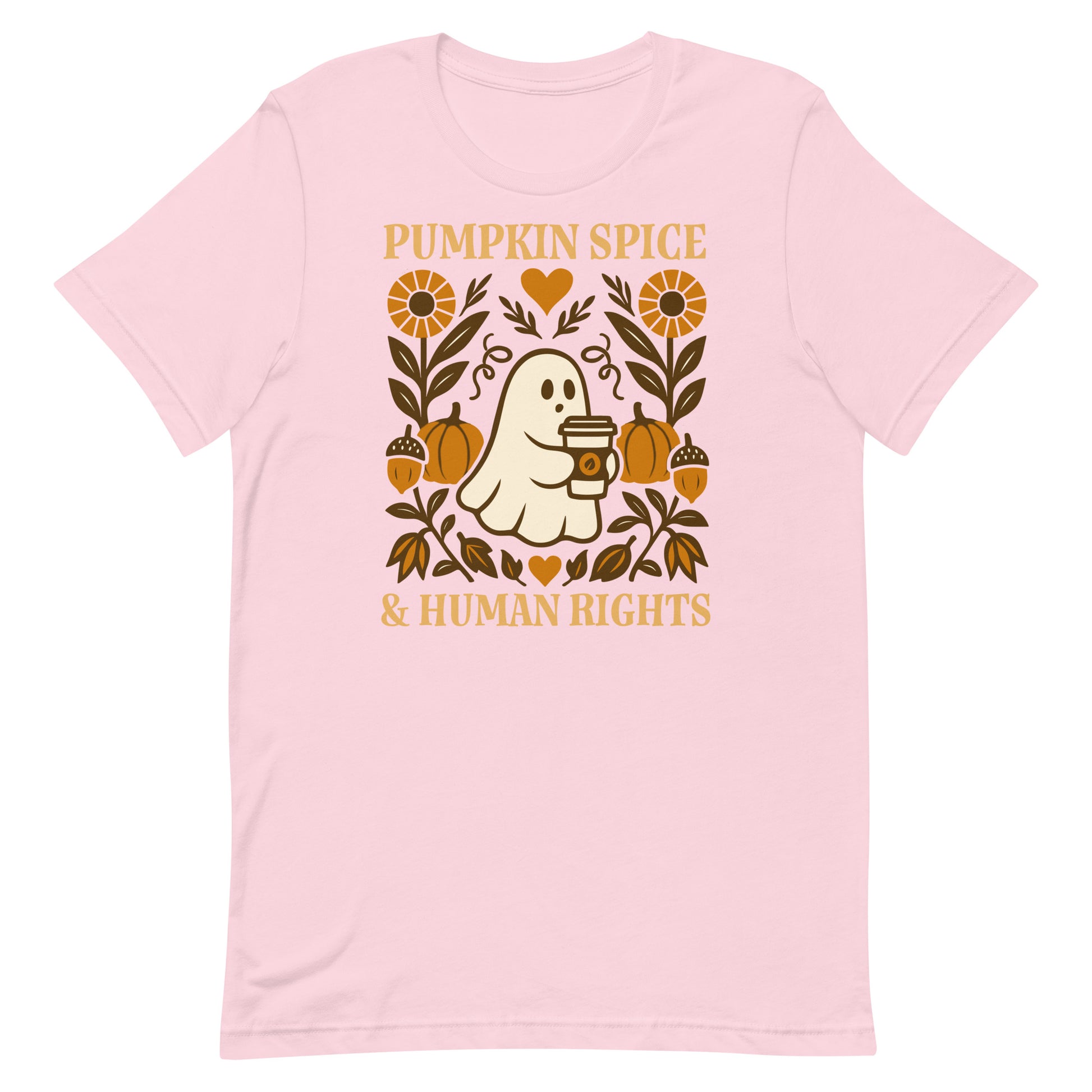 Light pink “Pumpkin Spice & Human Rights” t-shirt with folk-style floral ghost design, autumn progressive vibe.