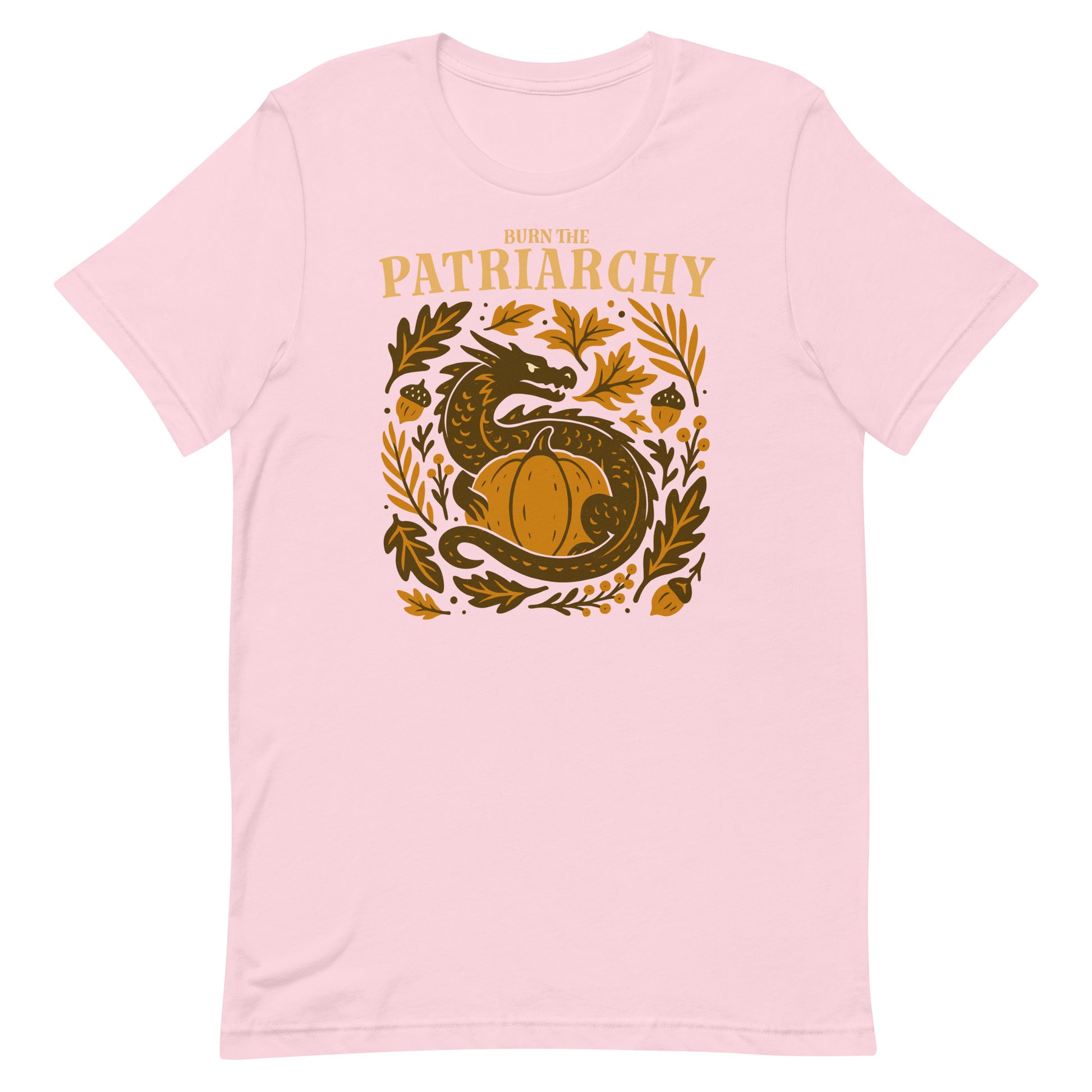 Light pink “Burn the Patriarchy” feminist t-shirt with dragon and pumpkin print, warm progressive fall design.