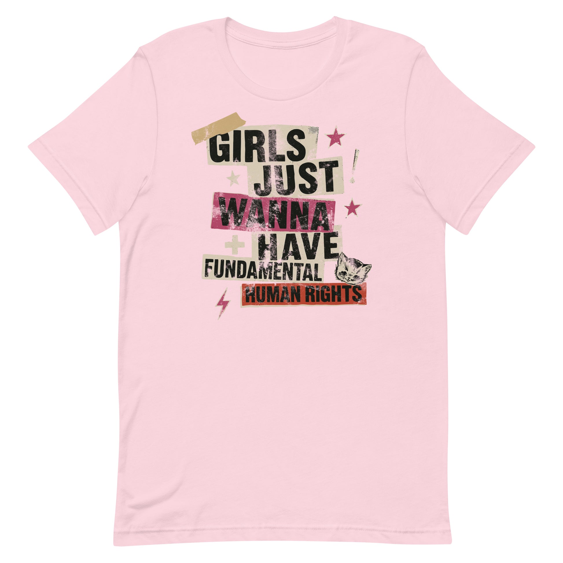 Light pink shirt with collage-inspired “Girls Just Wanna Have Fundamental Human Rights” design. Feminist punk aesthetic meets soft pastel colorway.