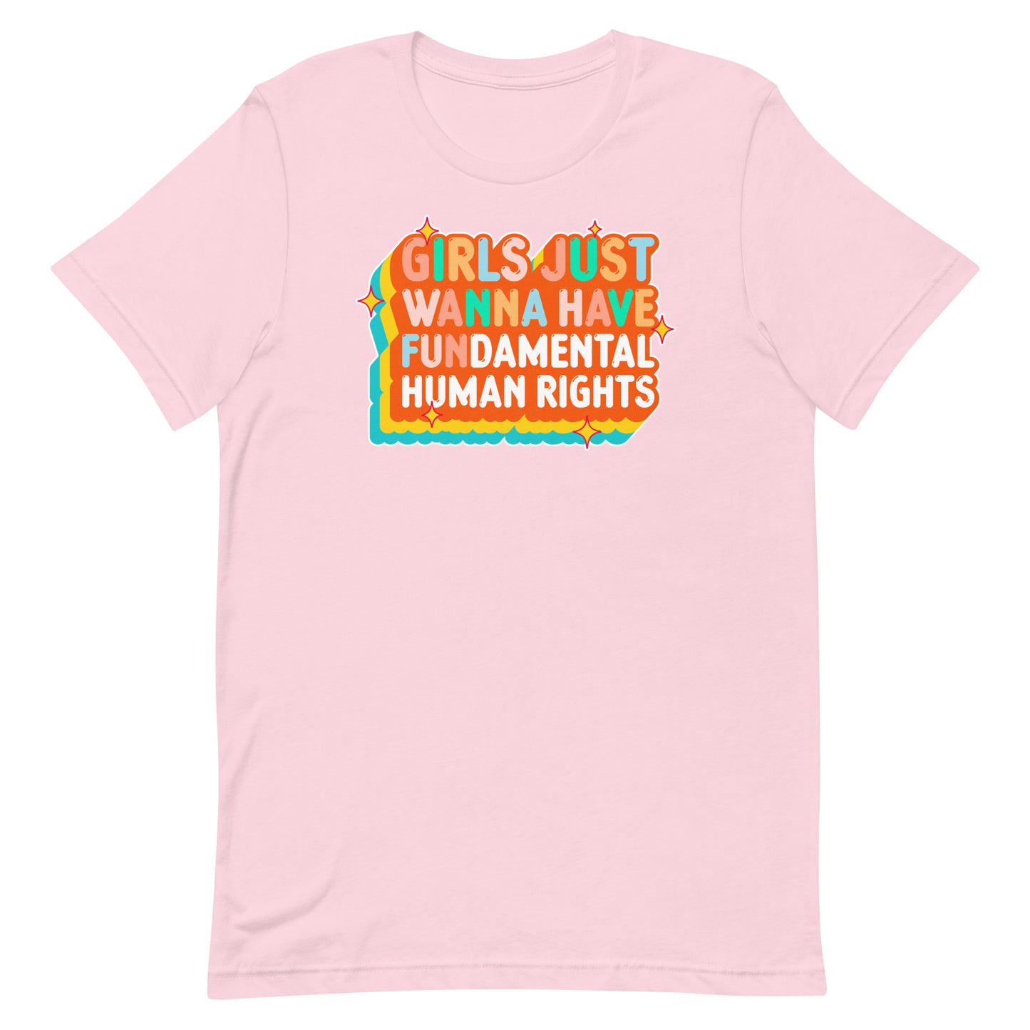 Light pink feminist t-shirt with orange and cream retro text and teal accents. Soft, feminine, and defiant statement piece.