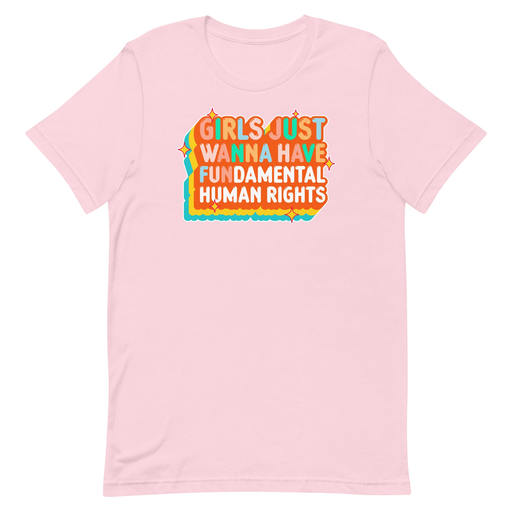 Light pink feminist t-shirt with orange and cream retro text and teal accents. Soft, feminine, and defiant statement piece.