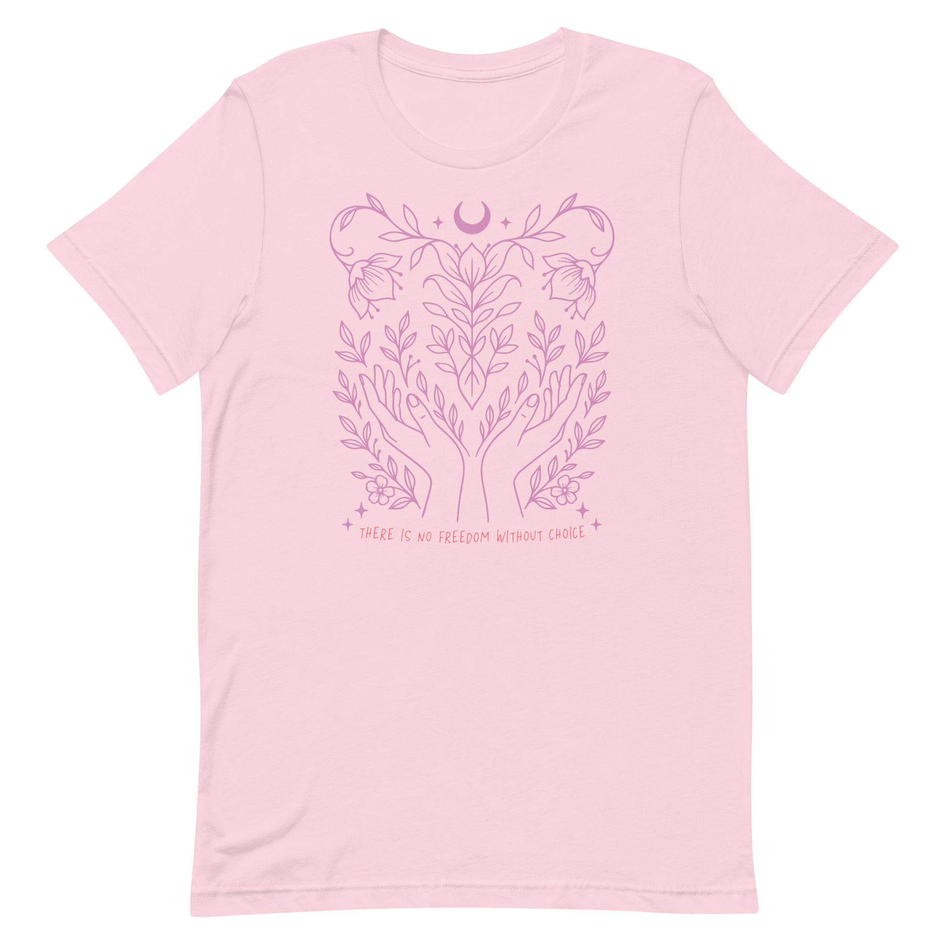 Soft pink unisex t-shirt with matching pink line art of hands, leaves, and moon—celebrating reproductive freedom.