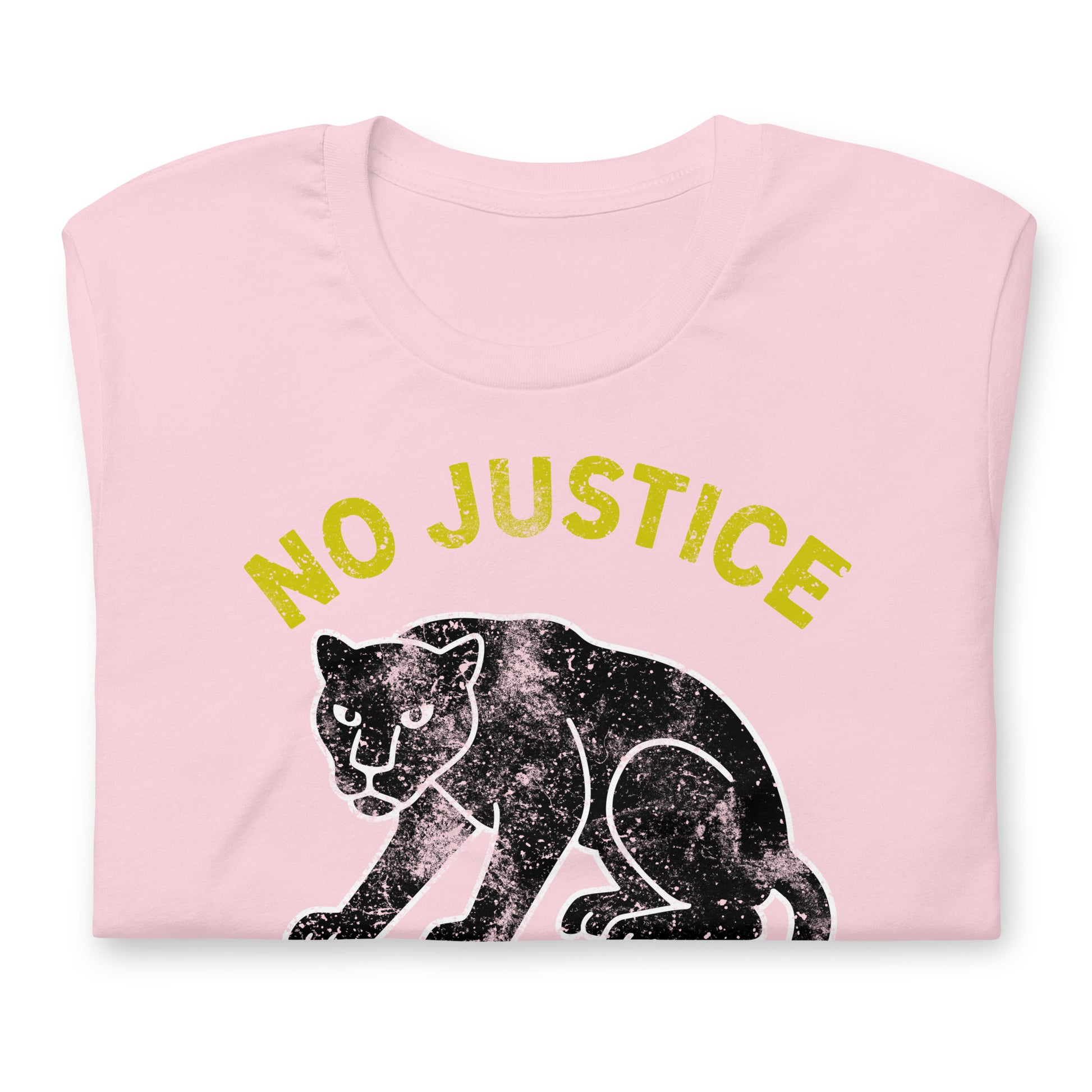 Pink unisex t-shirt featuring “NO JUSTICE NO PEACE” and a textured panther graphic. Activist clothing with bold, justice-oriented artwork.