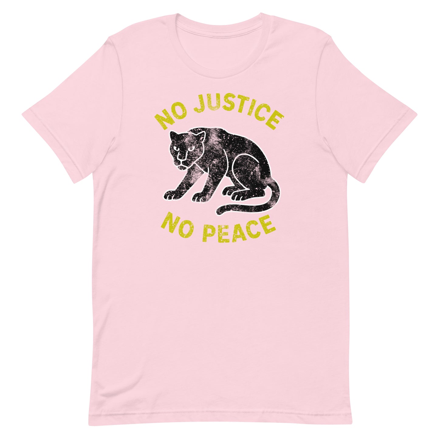 Light pink unisex t-shirt with “NO JUSTICE NO PEACE” and textured panther graphic. Progressive apparel with justice-centered messaging.